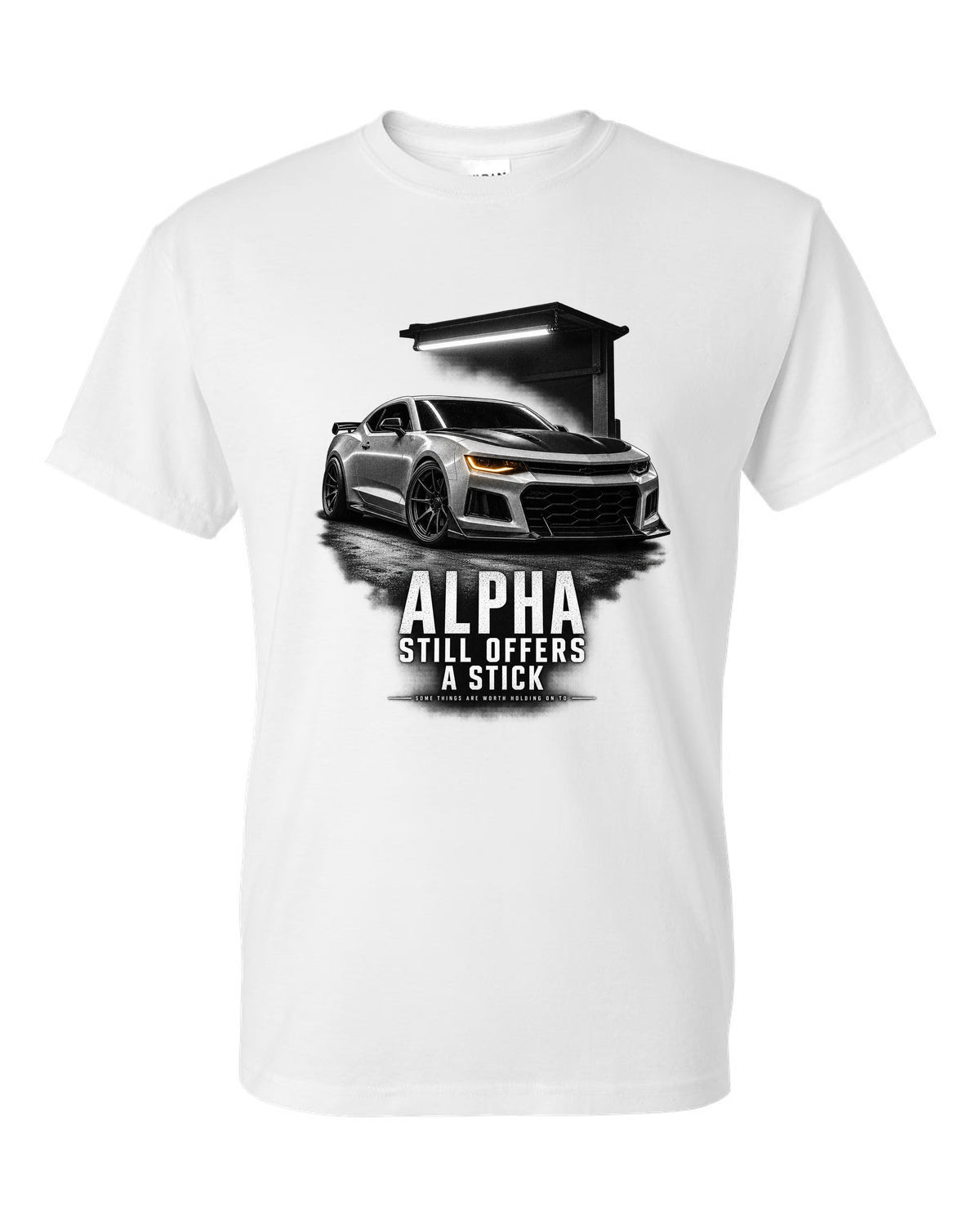 Garage-night print of a 2018 Chevrolet Camaro SS 1LE sixth-gen front three-quarter with Alpha text white t-shirt front view with the design