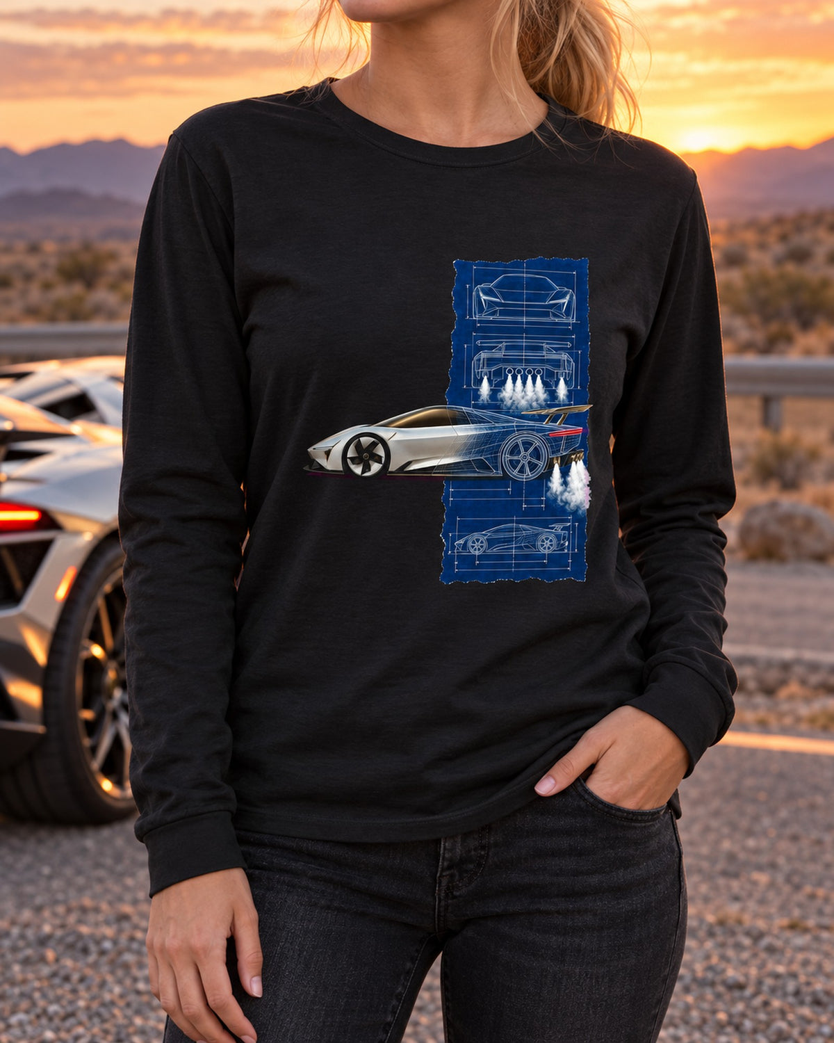 Tesla Roadster Blueprint Shirt, Hoodie & More Long Sleeve Black worn hero