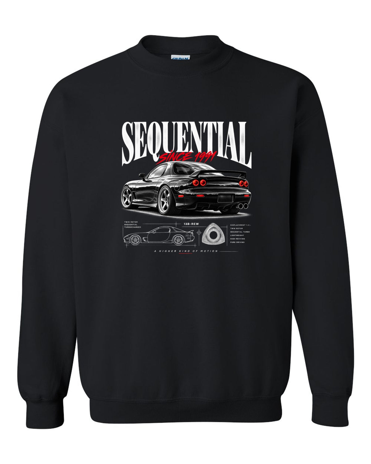 Editorial print of a Mazda RX-7 FD3S rear three-quarter with sequential headline black crewneck front view with the design