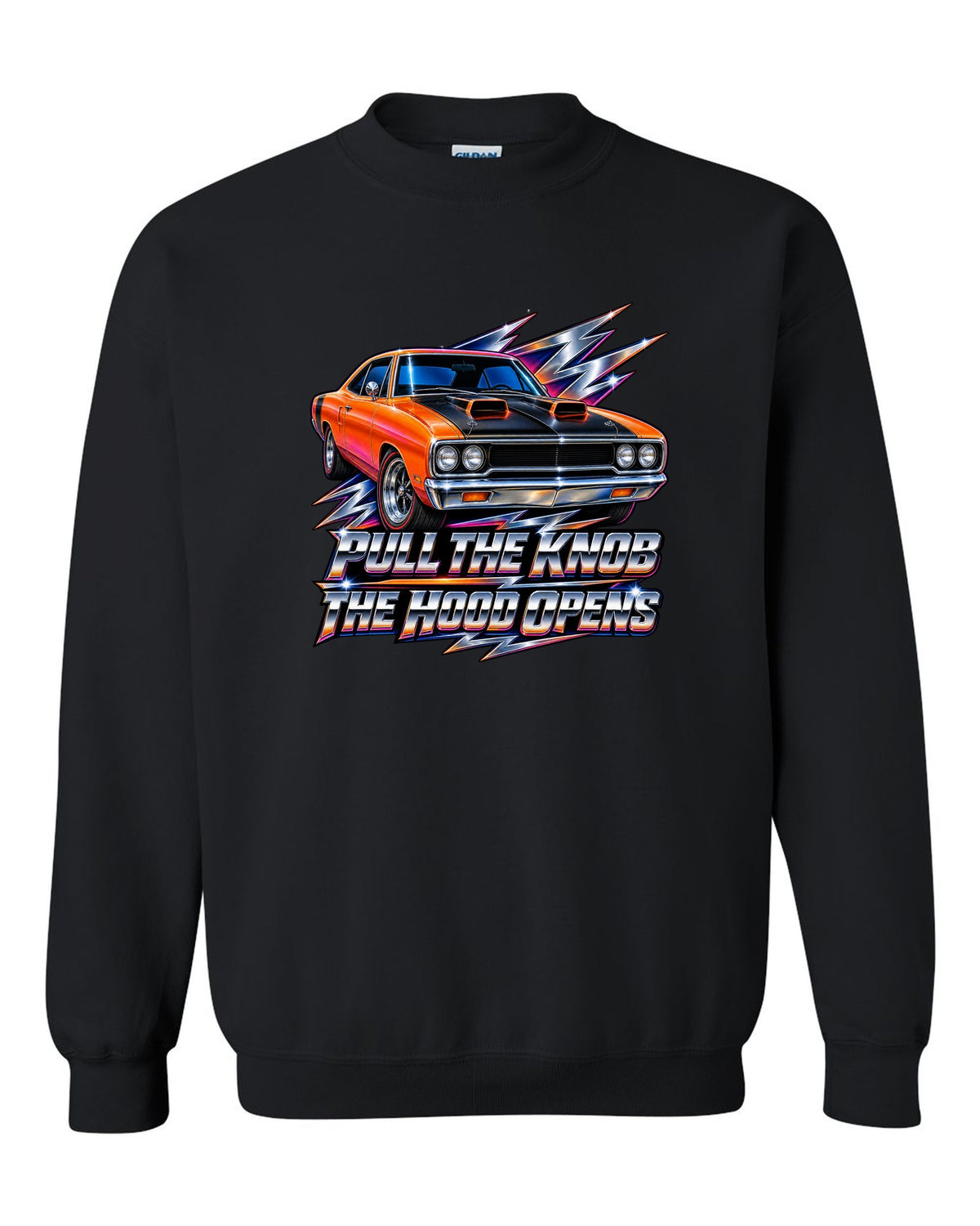 80s airbrush chrome design of a 1970 Plymouth Road Runner with pull the knob hood text black crewneck front view with the design