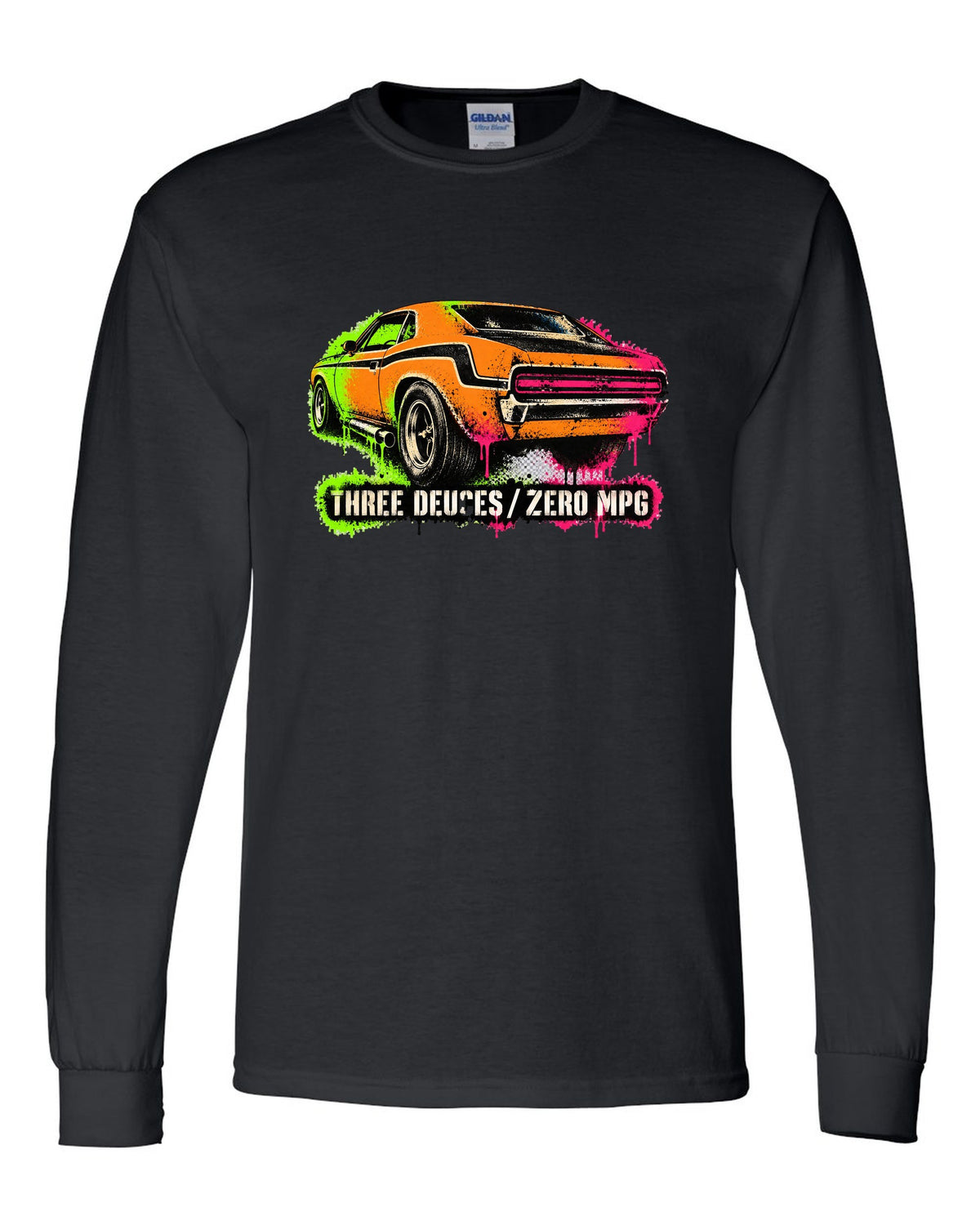 1970 Dodge Challenger T/A gas-station stencil spray paint print with Three Deuces Zero MPG text black long sleeve front view with the design