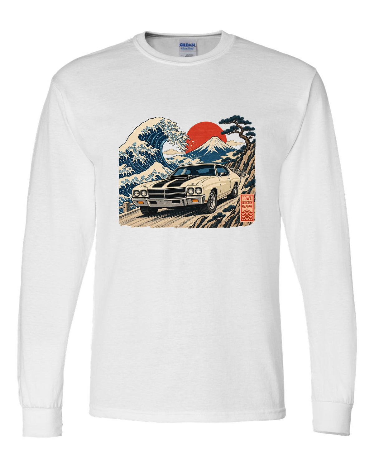 Ukiyo-e woodblock print of a 1970 Chevelle SS with the text Cowl Induction, Flap Open white long sleeve front view with the design