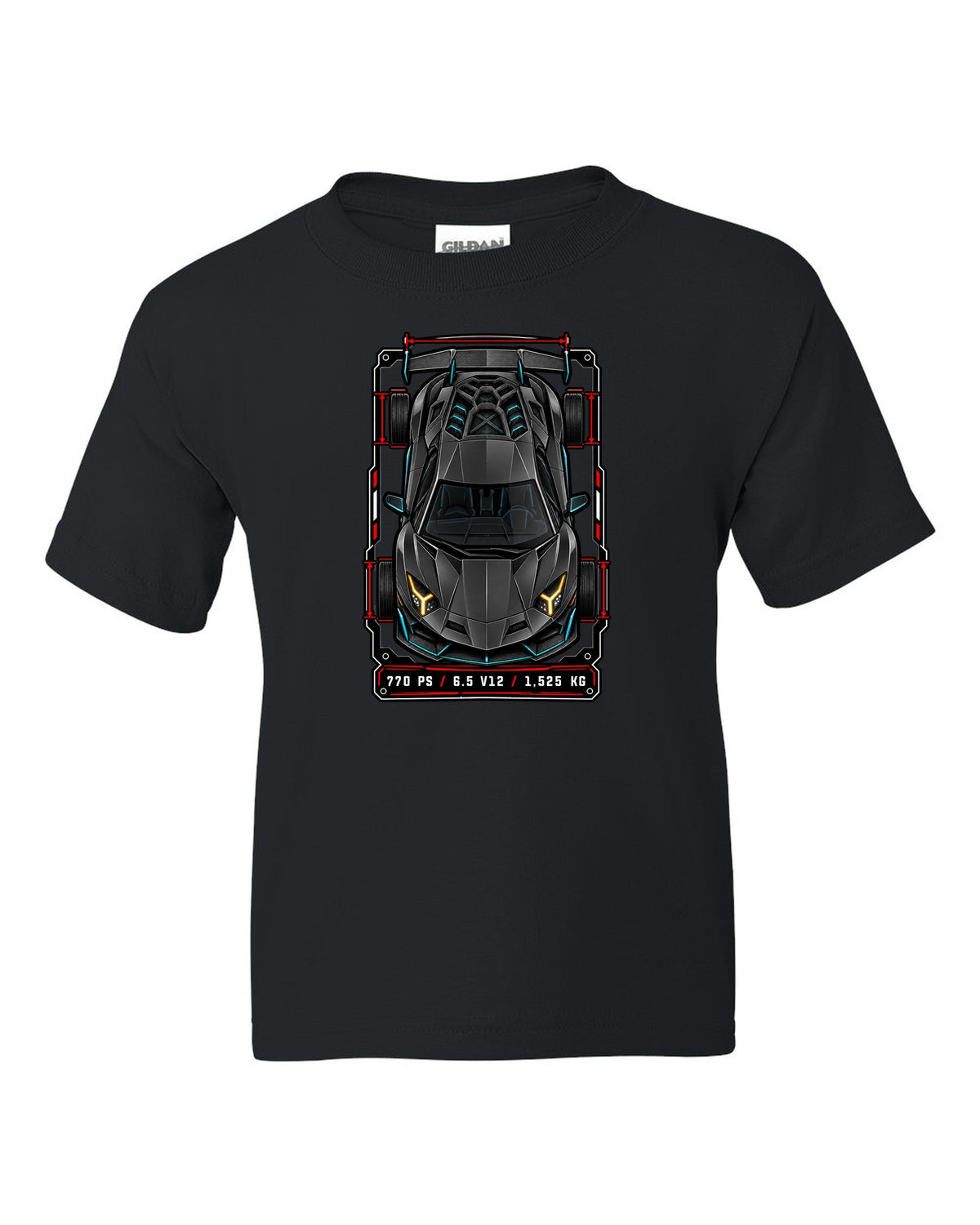 Spec-sheet data plate with a top-down Lamborghini Aventador SVJ LP770-4 and the text 770 PS / 6.5 V12 / 1,525 KG black kids tee front view with the design