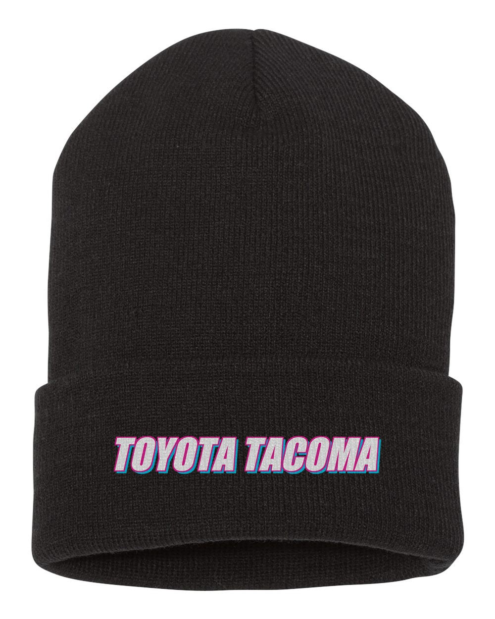 Toyota Tacoma black beanie front view with car name