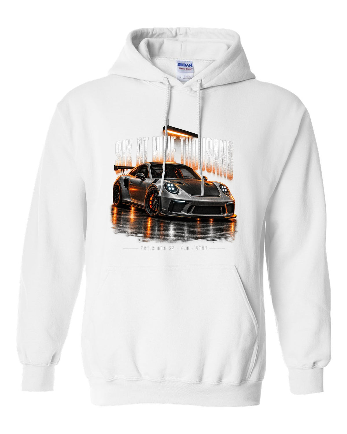 Garage night poster print of a 2018 Porsche 911 GT3 RS 991.2 white pull over hoodie front view with the design