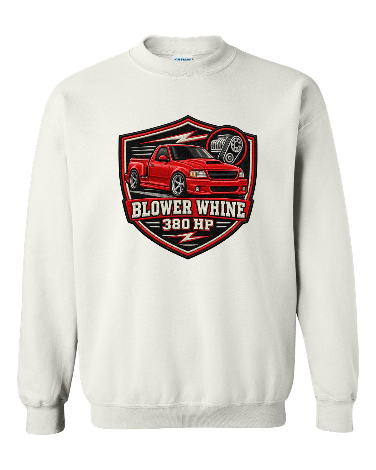 Ford F-150 SVT Lightning 1999-2004 in an embroidered varsity crest print white crewneck front view with the design
