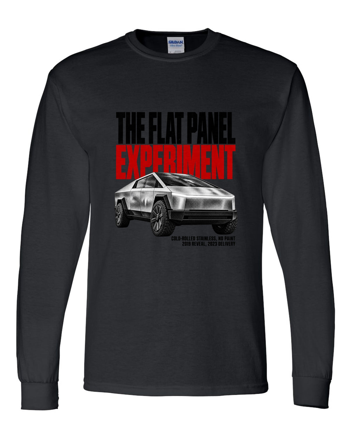 Halftone print of a 2023-24 Tesla Cybertruck with cold-rolled stainless text black long sleeve front view with the design