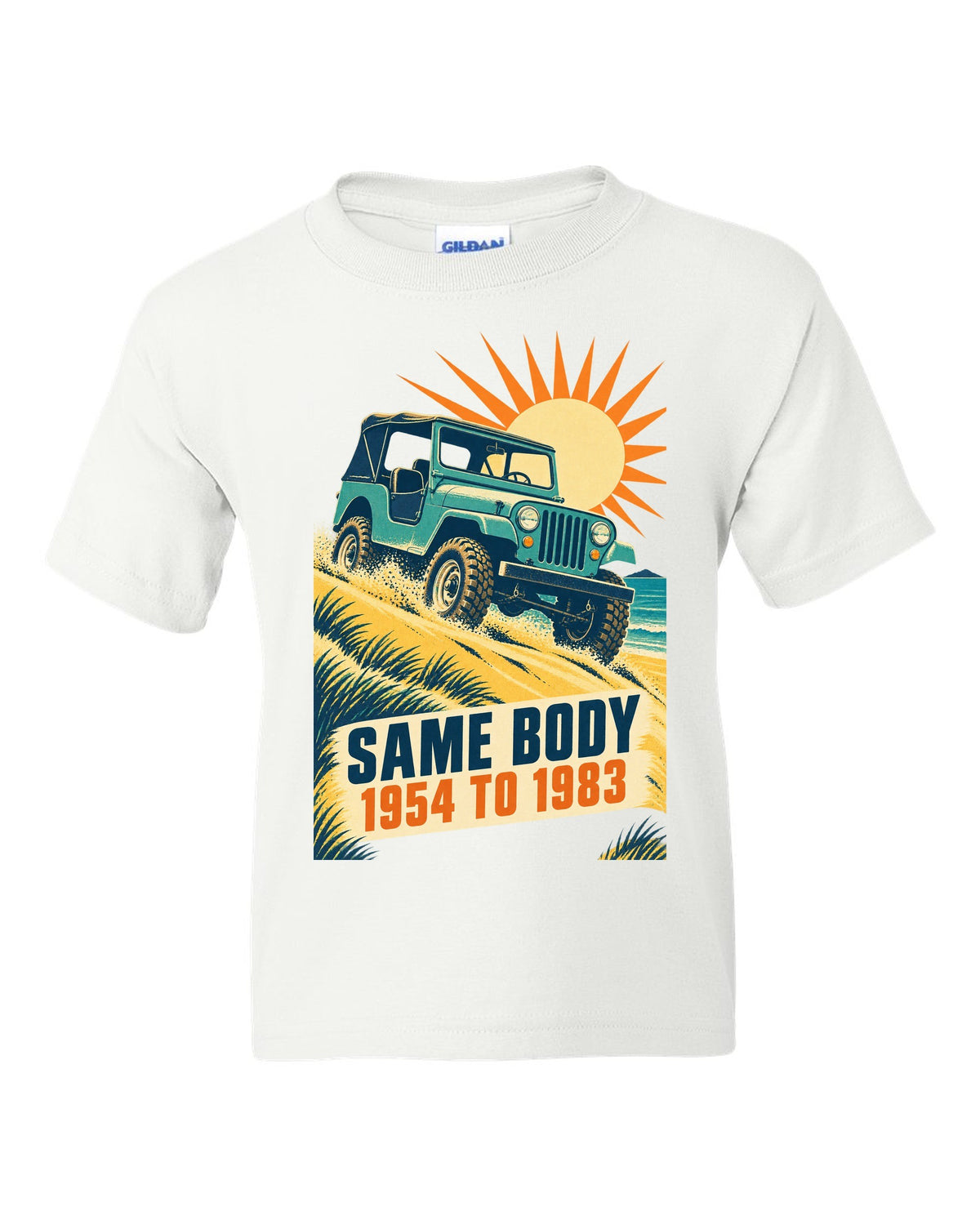 Vintage race poster print of a Jeep CJ-5 climbing a dune white kids tee front view with the design