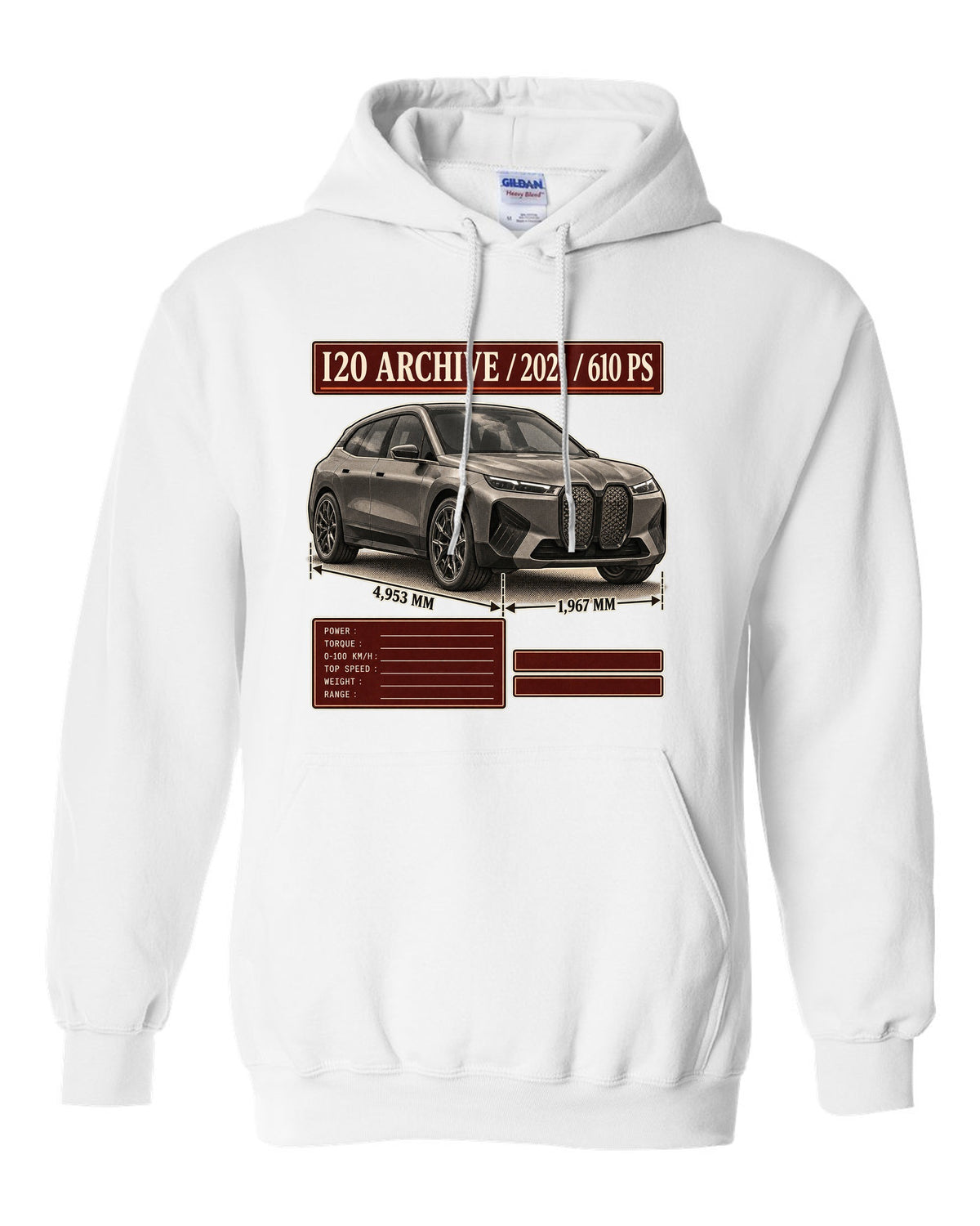 Archive panel print of the BMW iX M60 I20 with 2021 and 610 PS white pull over hoodie front view with the design