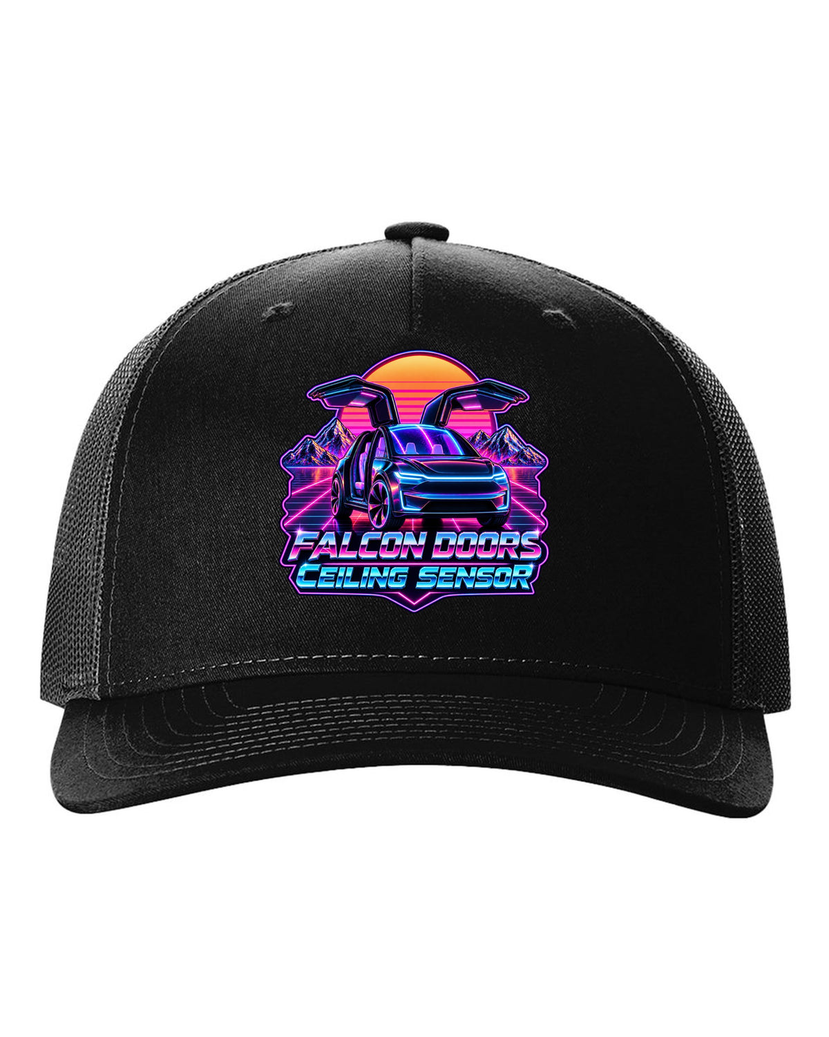 Synthwave outrun print of a Tesla Model X with falcon doors reading Falcon Doors Ceiling Sensor black hat front view with the design
