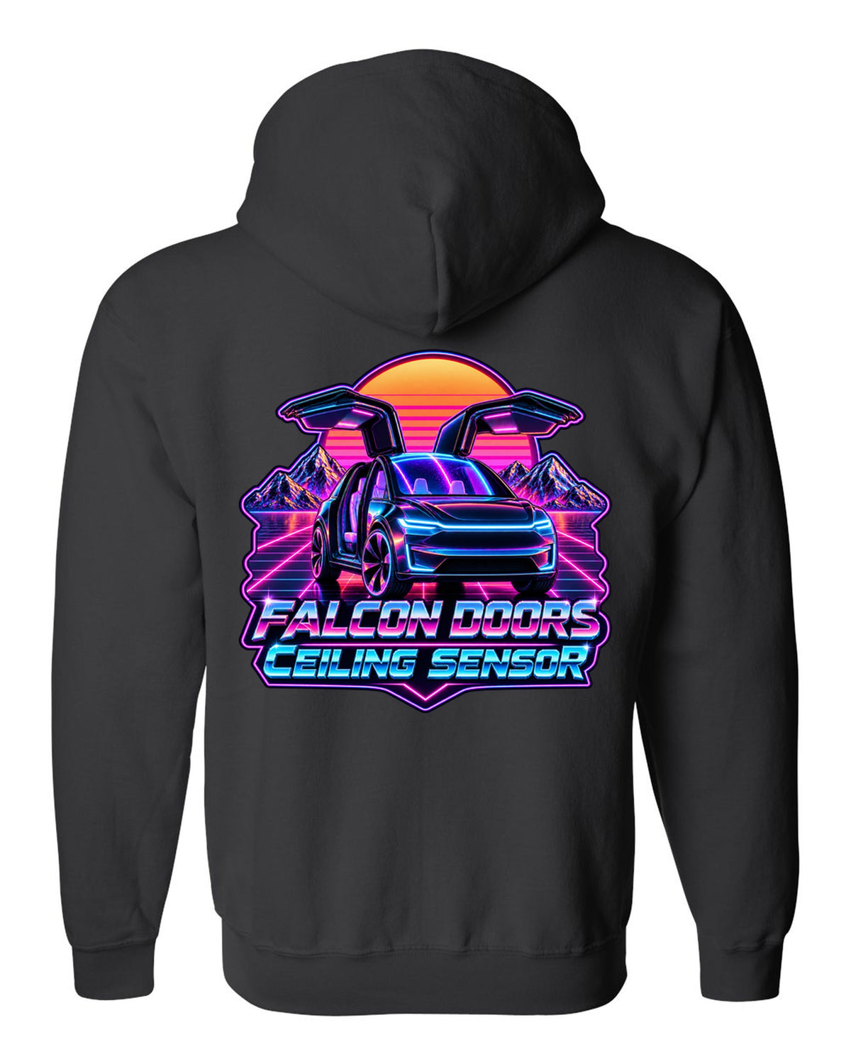 Synthwave outrun print of a Tesla Model X with falcon doors reading Falcon Doors Ceiling Sensor black zip hoodie back view with the design
