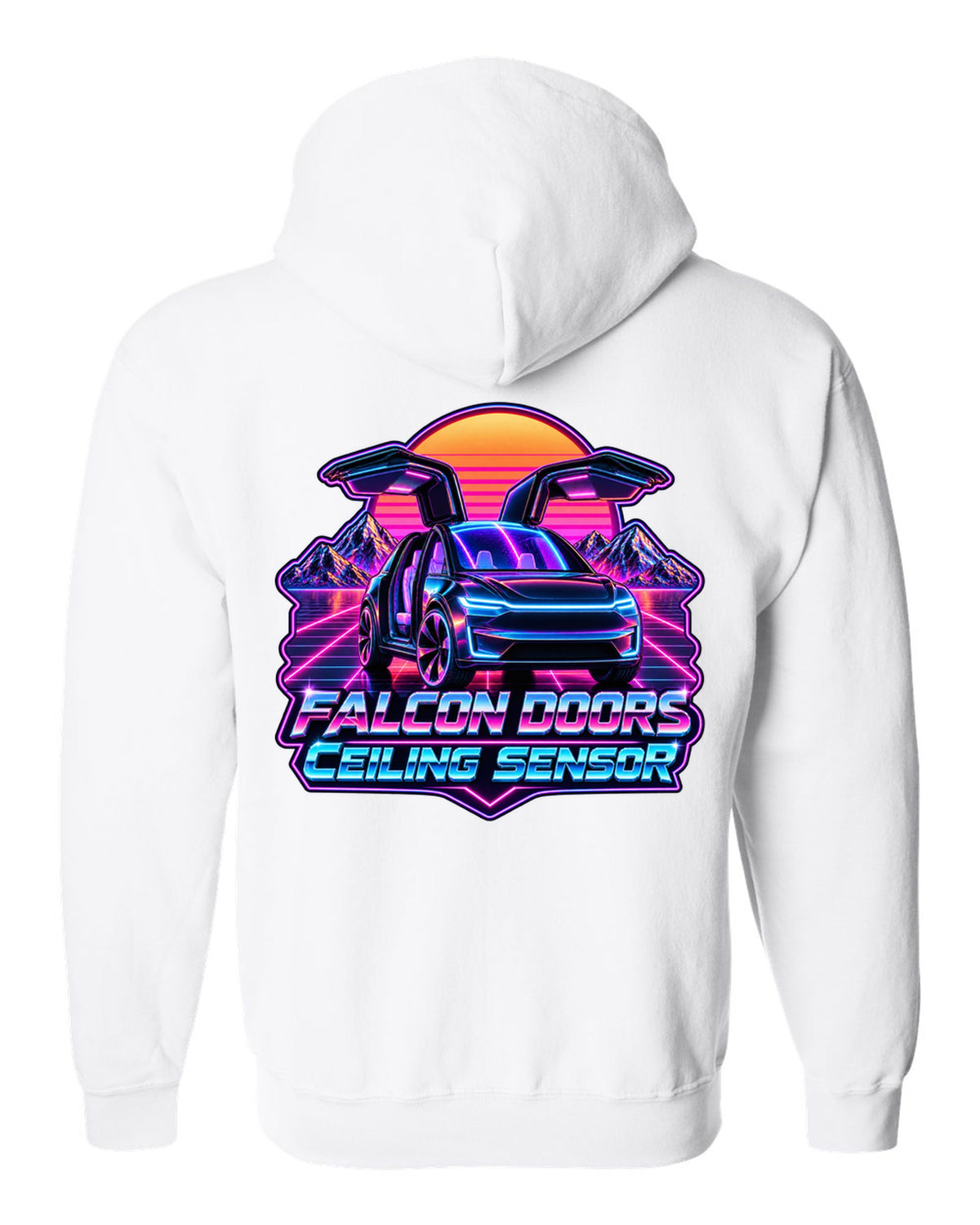 Synthwave outrun print of a Tesla Model X with falcon doors reading Falcon Doors Ceiling Sensor white zip hoodie back view with the design