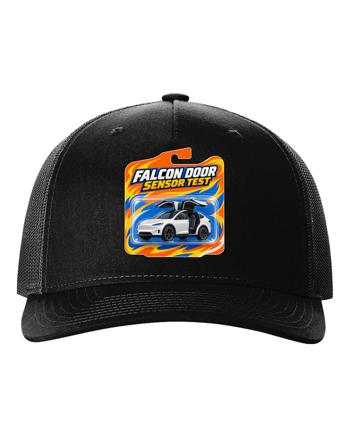 Toy blister card style print of a Tesla Model X reading Falcon Door Sensor Test black hat front view with the design