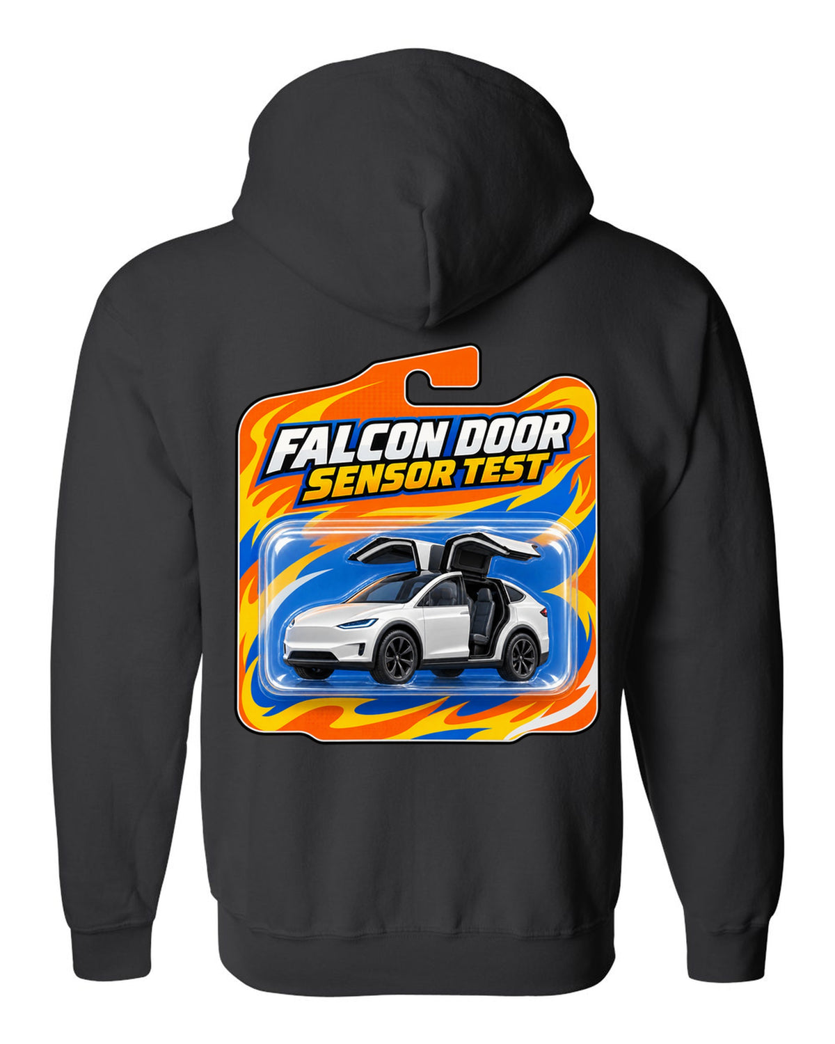 Toy blister card style print of a Tesla Model X reading Falcon Door Sensor Test black zip hoodie back view with the design