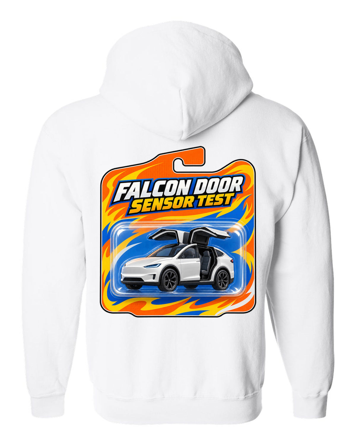 Toy blister card style print of a Tesla Model X reading Falcon Door Sensor Test white zip hoodie back view with the design