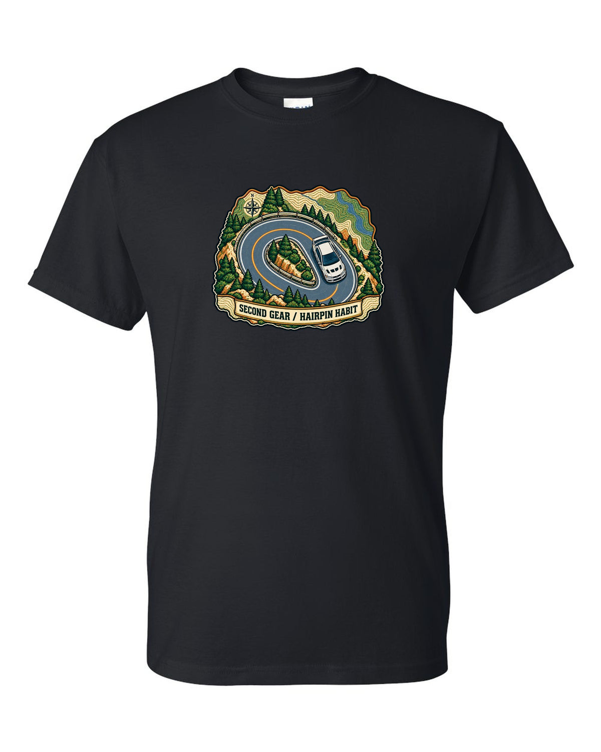 Topographic route map print for the Mitsubishi Evo VII CT9A with second gear hairpin habit text black t-shirt front view with the design
