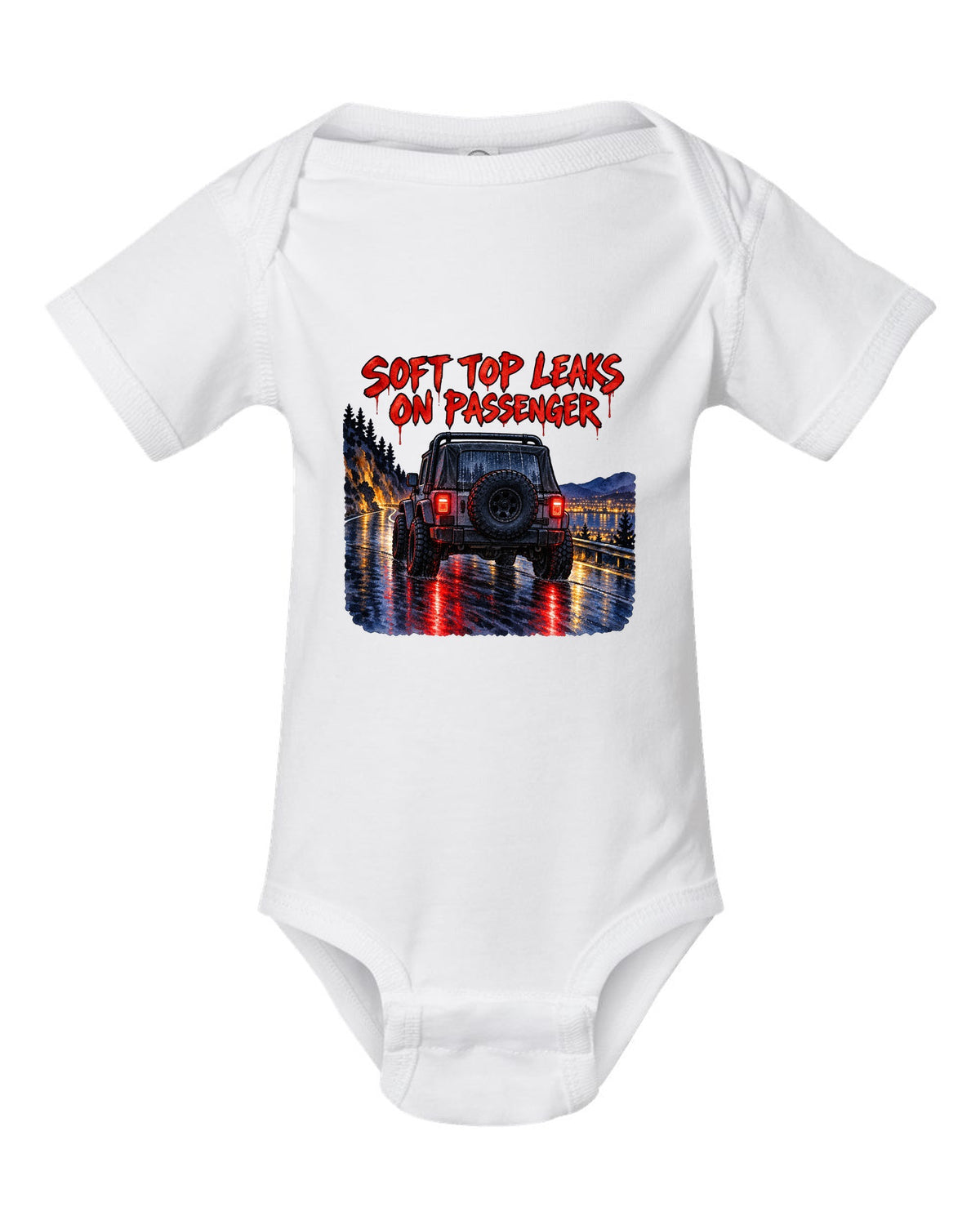 Watercolour wet-road night print of a Jeep Wrangler YJ taillights with soft top text white baby onesie front view with the design