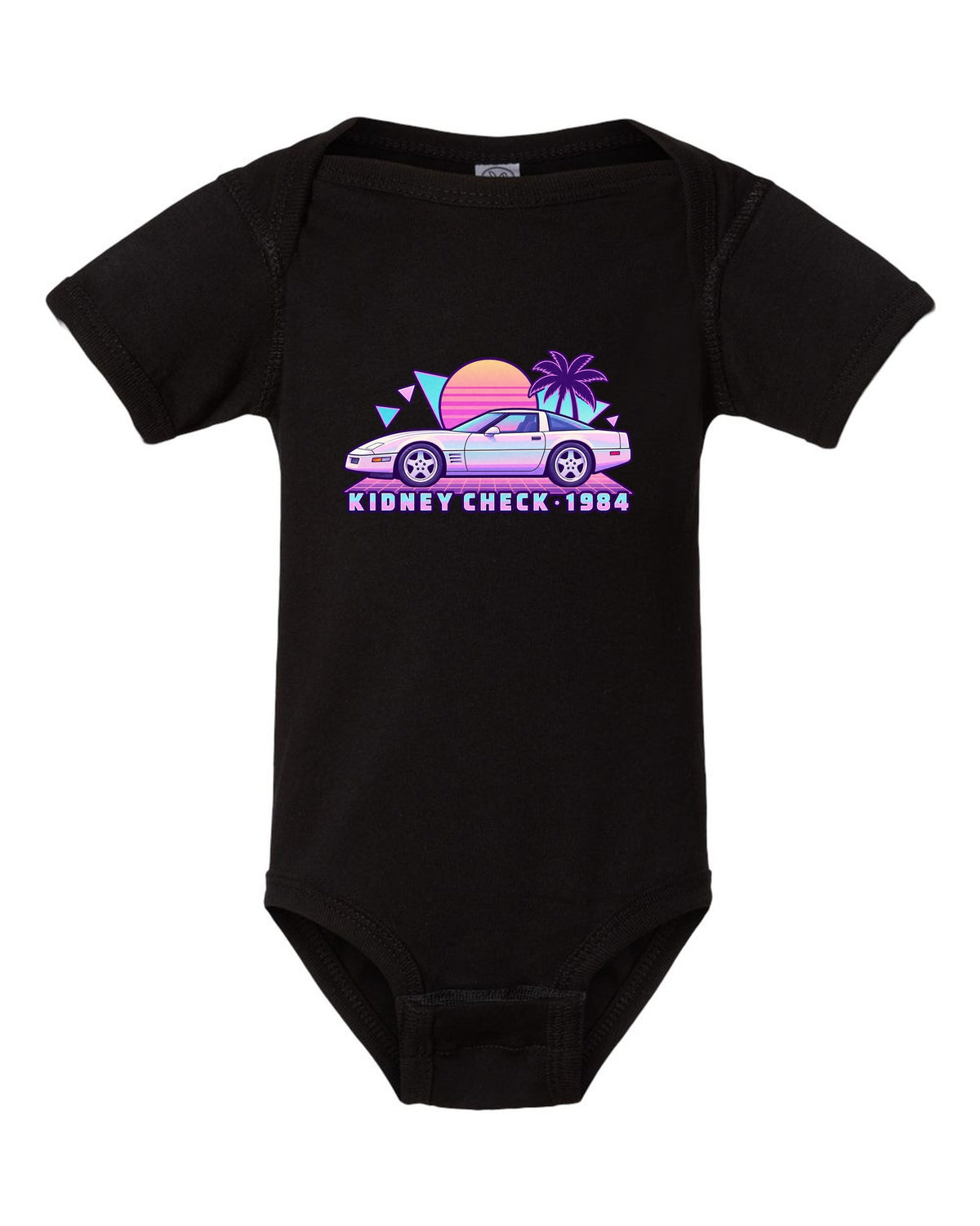 Pastel vaporwave print of a 1984 Chevrolet Corvette C4 coupe with Kidney Check text black baby onesie front view with the design