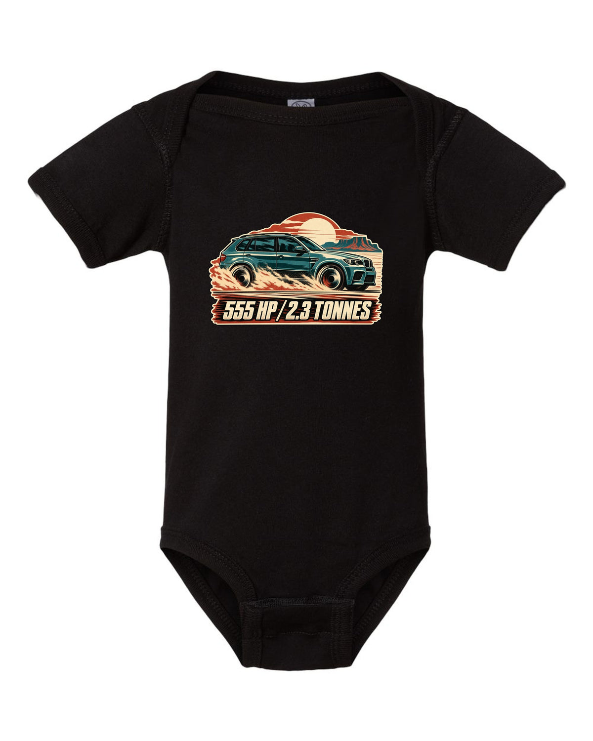 Vintage race poster print of a BMW X5 M E70 with 555 HP lettering black baby onesie front view with the design