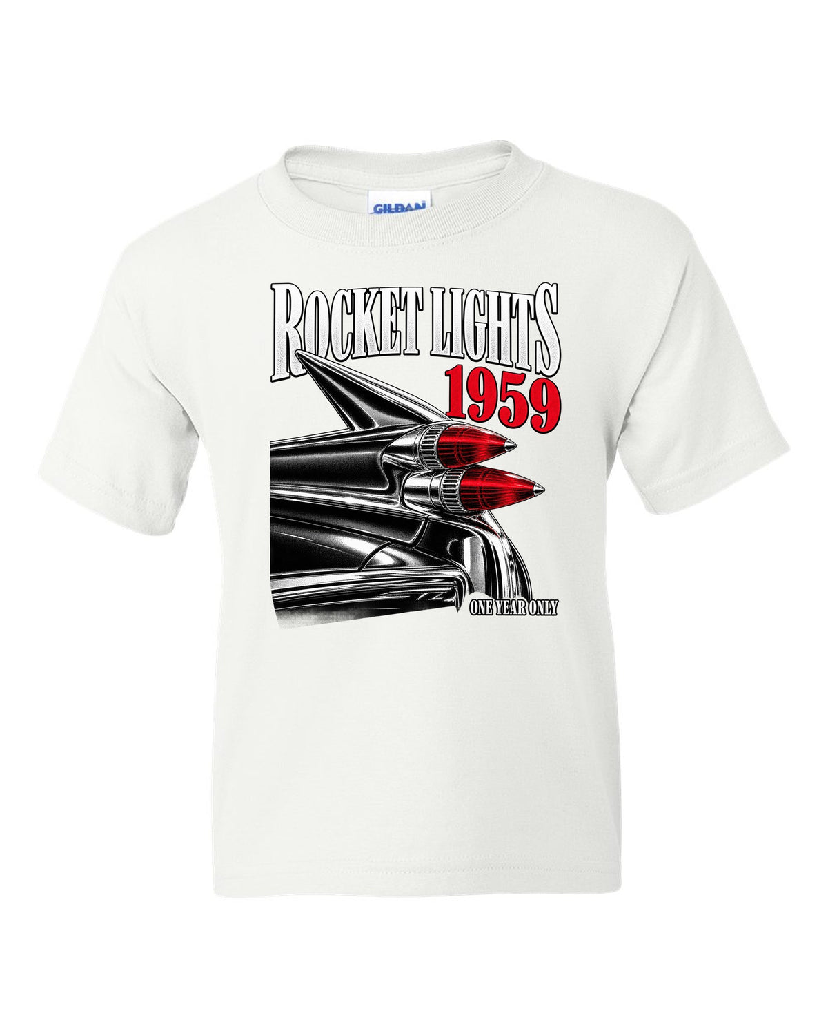 print macro of the rocket taillights on a 1959 Cadillac Series 62 Coupe de Ville white kids tee front view with the design