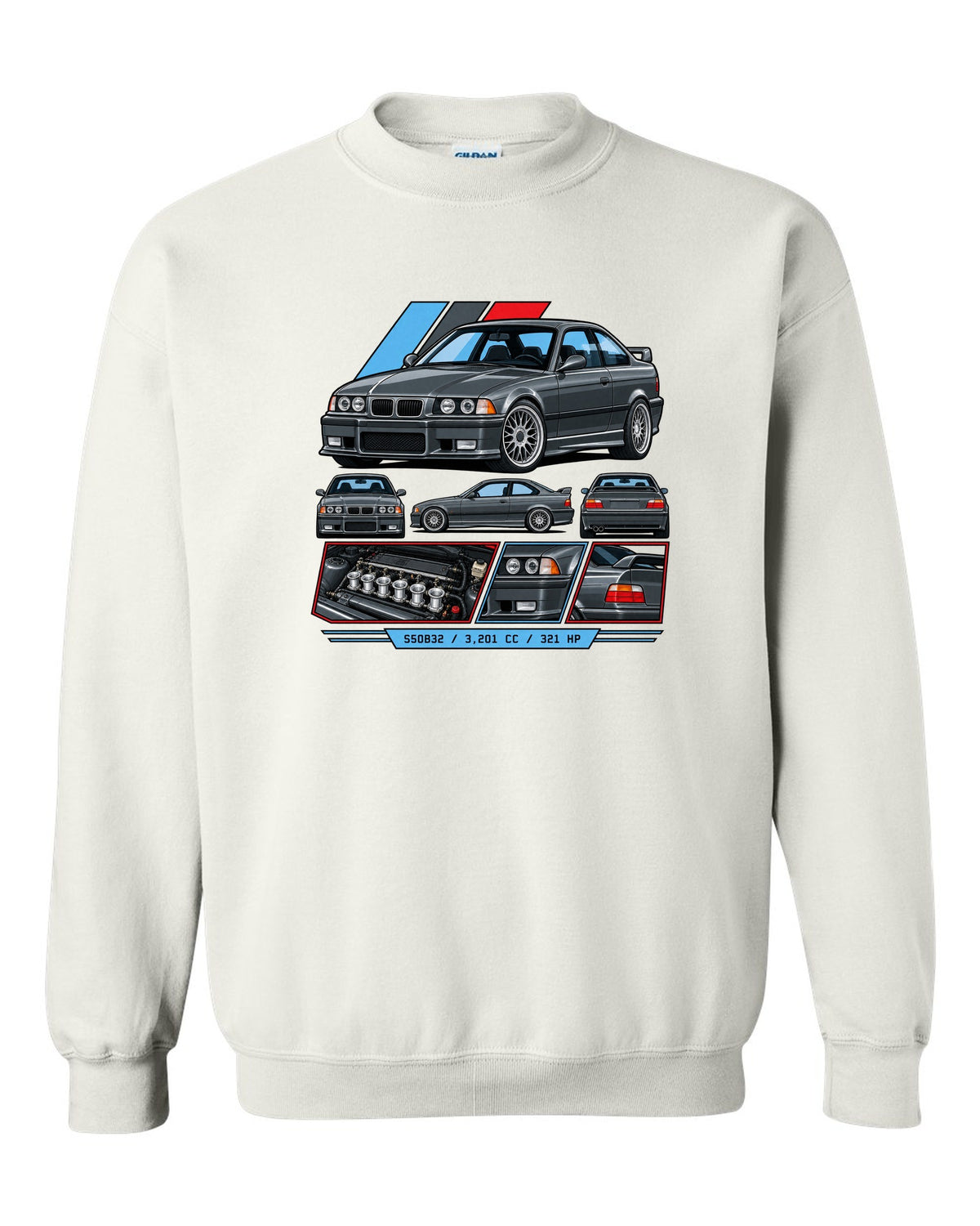 Cel-shaded anime night touge print of a BMW E36 M3 with slide now fix the diff later text white crewneck front view with the design