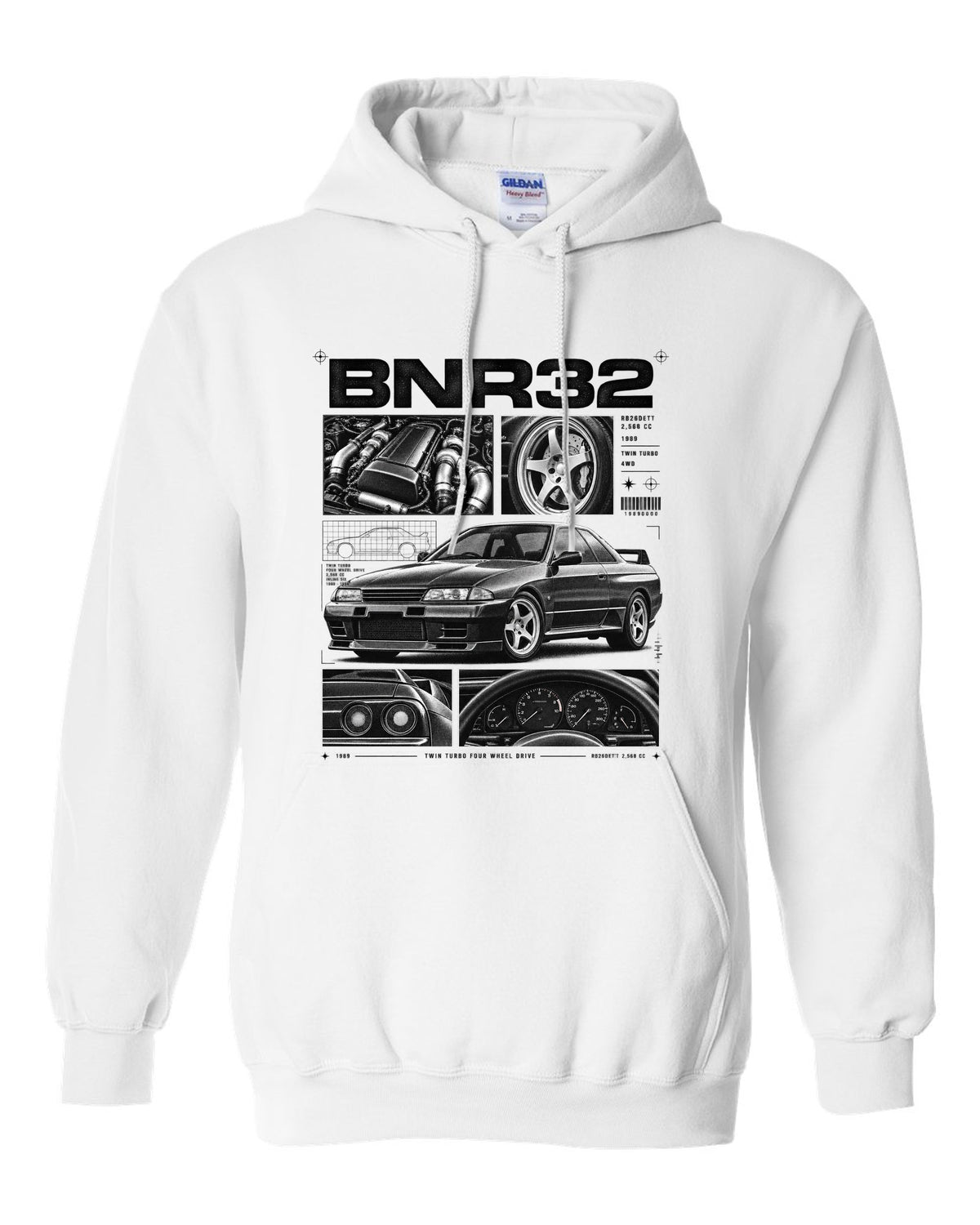 Dossier panel print of a Nissan Skyline GT-R R32 BNR32 with RB26DETT specs white pull over hoodie front view with the design