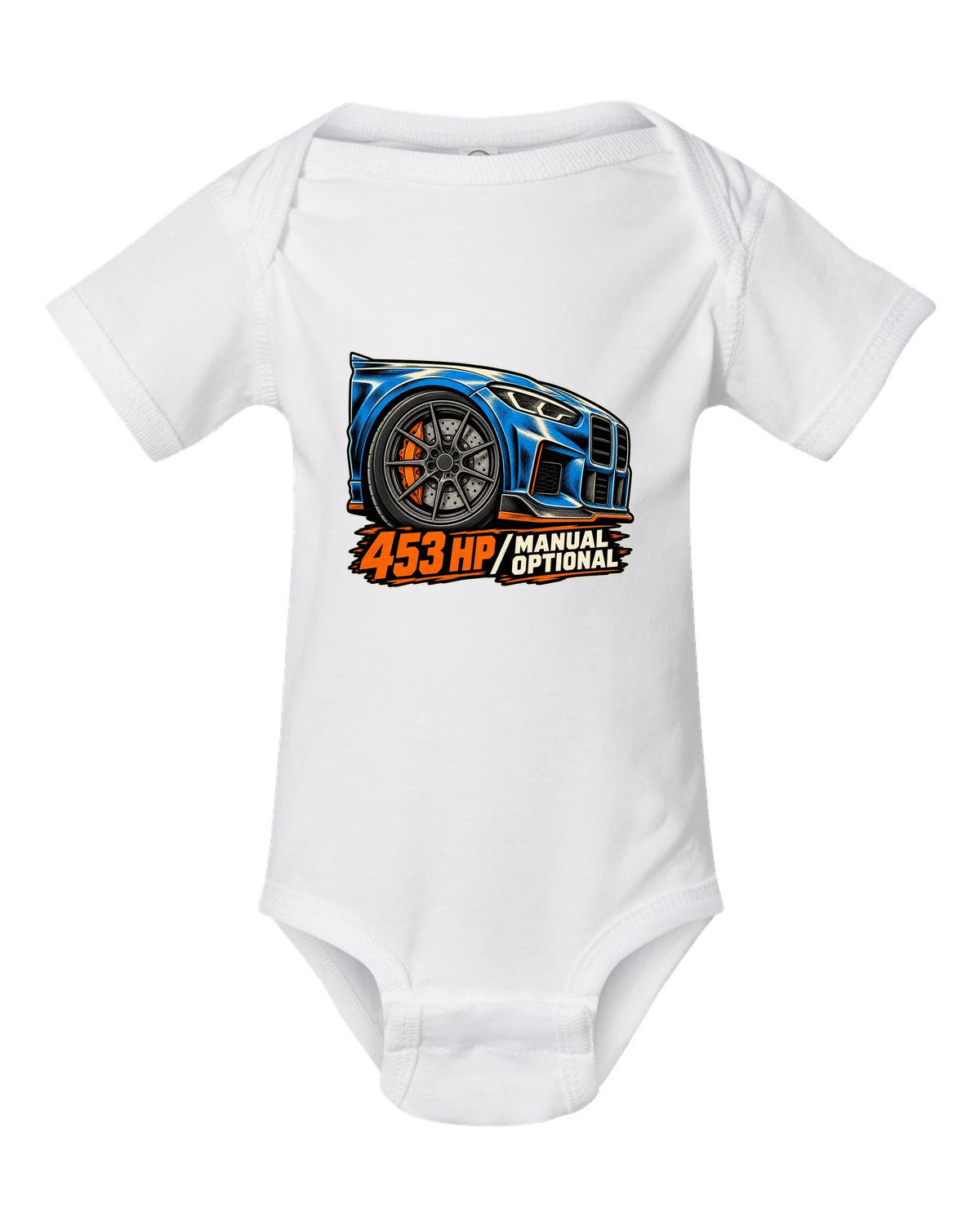 Embroidery-style shield crest print of a BMW M2 F87 with chargepipe fund text white baby onesie front view with the design