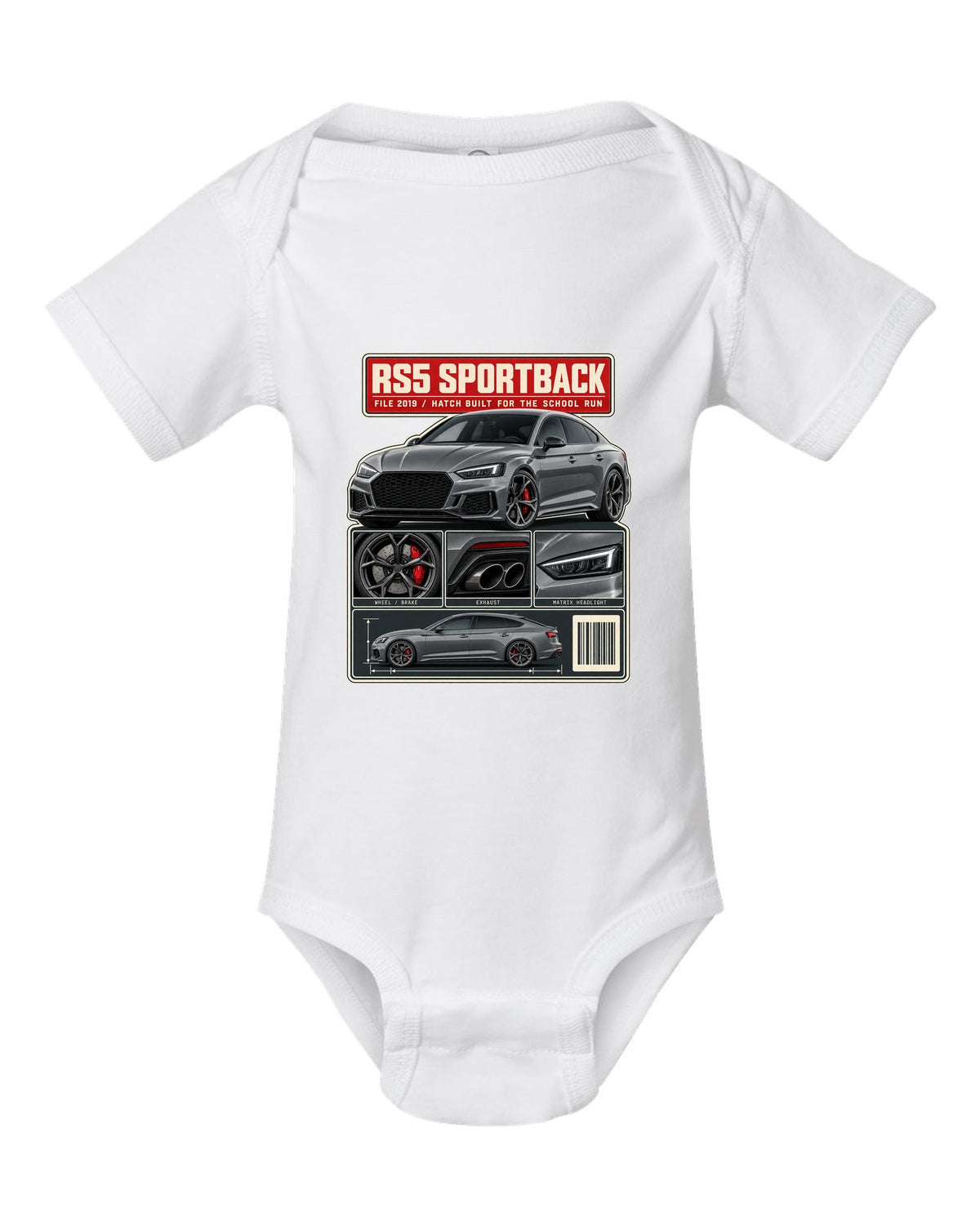 Audi RS5 Sportback B9 dossier panel print design white baby onesie front view with the design