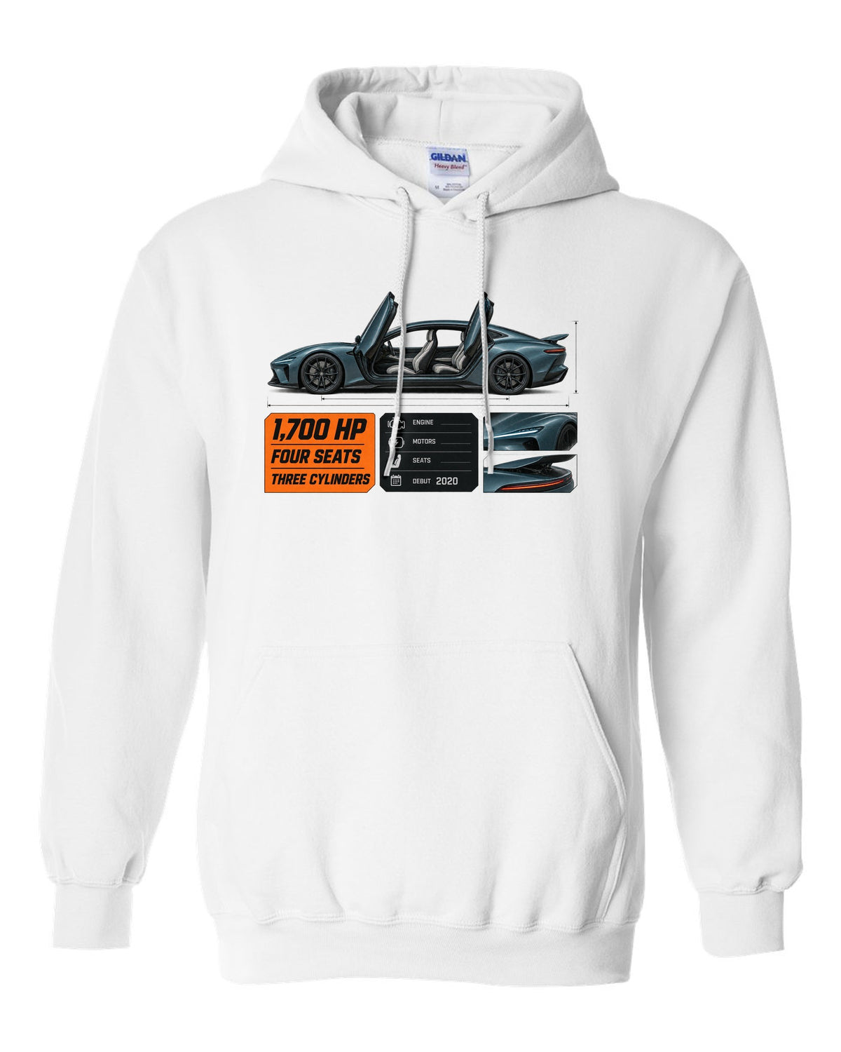 Spec poster of the Koenigsegg Gemera four-seat hypercar, print white pull over hoodie front view with the design