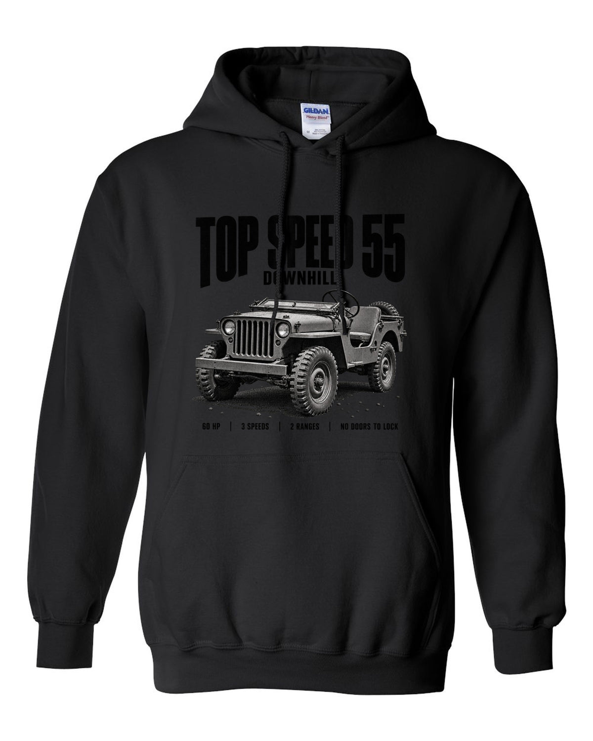 Halftone print for the Willys MB, Top Speed 55 Downhill black pull over hoodie front view with the design