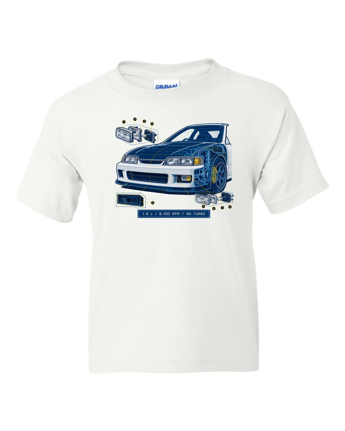Technical blueprint design of the Honda Integra Type R DC2 with B18C specs white kids tee front view with the design