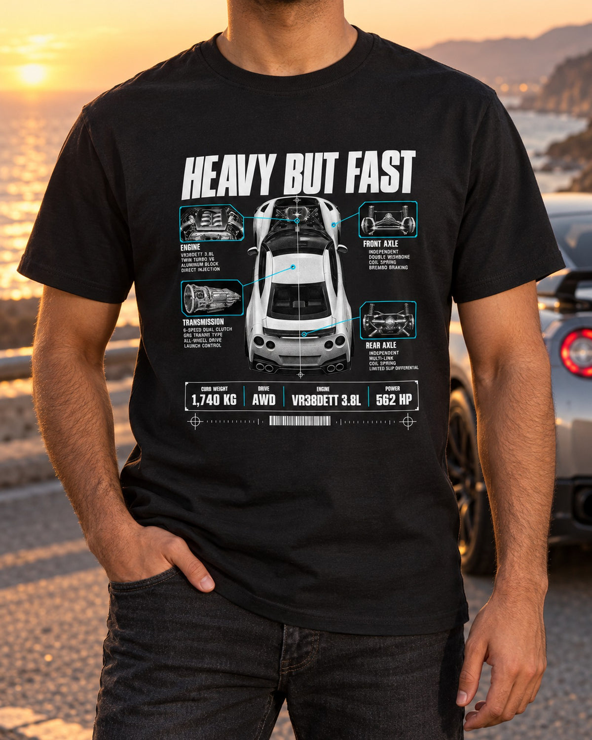Nissan GT-R R35 Heavy But Fast Spec Poster Tee, VR38DETT T-Shirt Black worn hero
