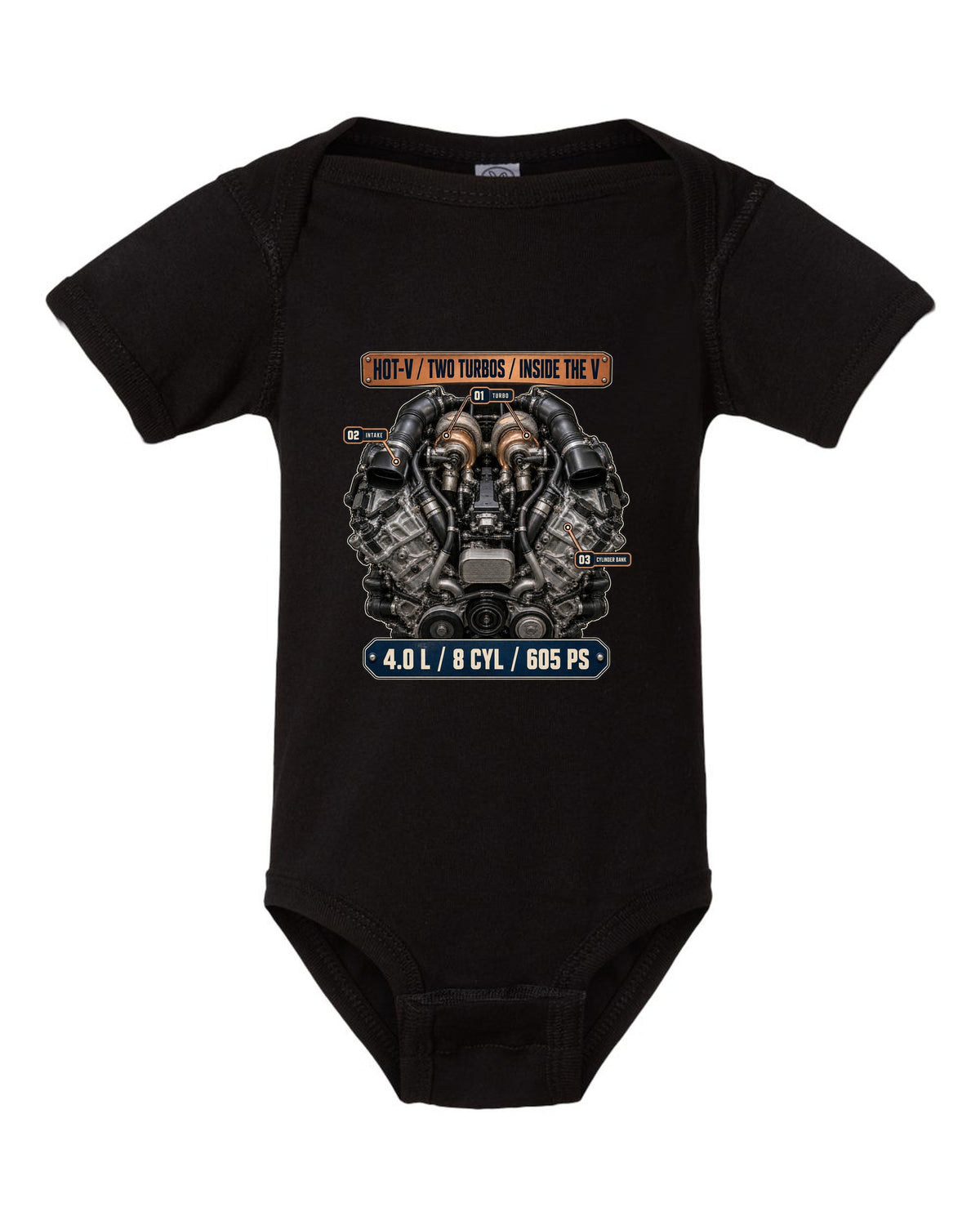 Audi RS7 4.0 TFSI engine bay hero print black baby onesie front view with the design