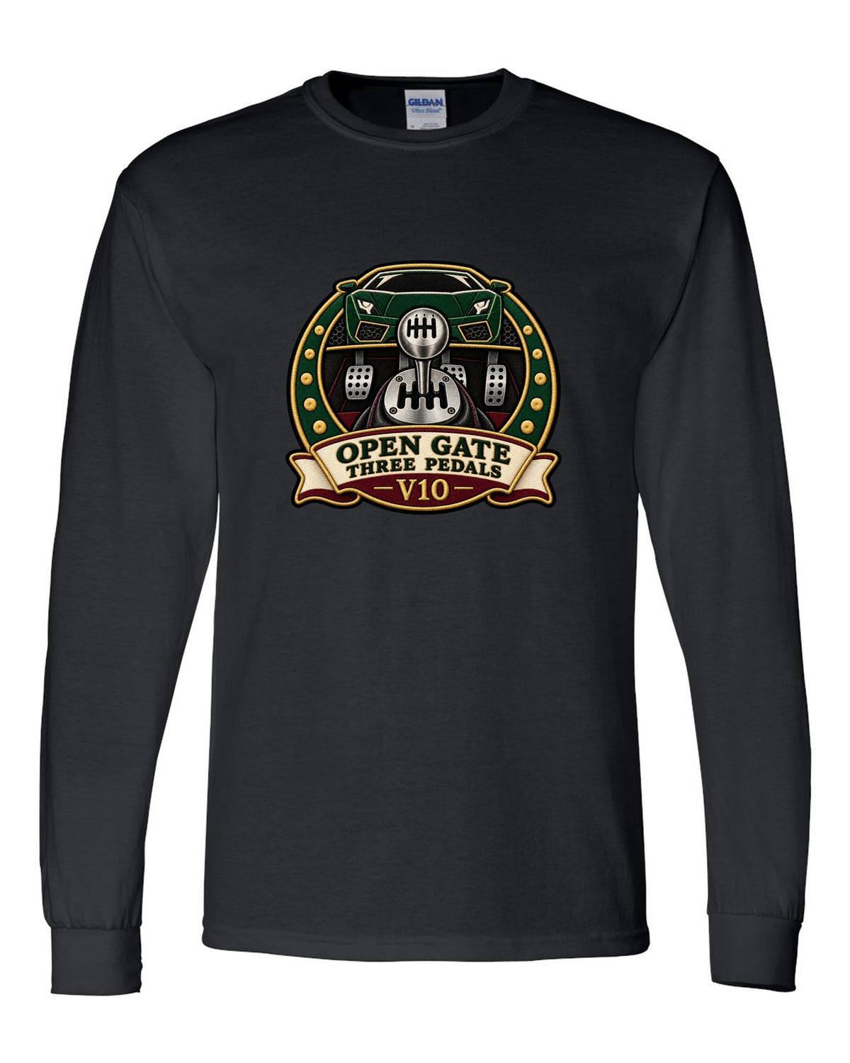 Embroidery-style crest of a 2004 Lamborghini Gallardo gated six-speed with open gate text black long sleeve front view with the design