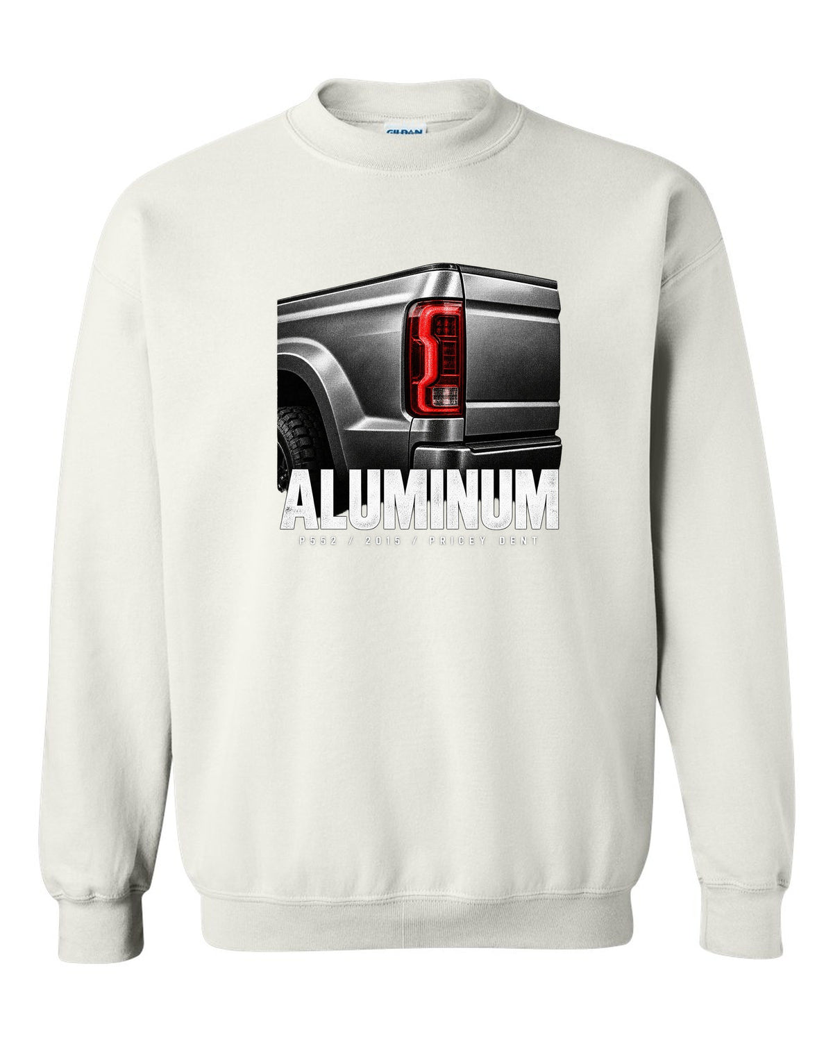 Macro print of a 2015-20 Ford F-150 P552 tailgate with aluminum and pricey dent text white crewneck front view with the design