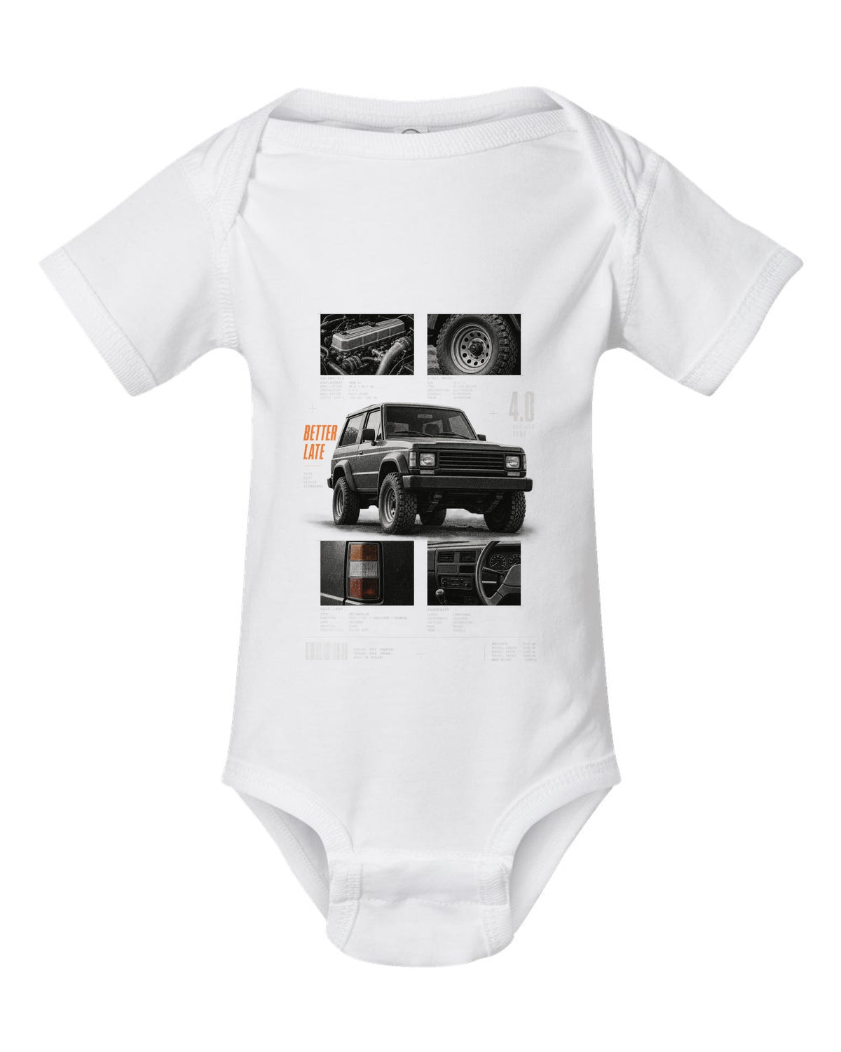 Dossier panel print for the Jeep Wrangler YJ 4.0, arrived 1991 white baby onesie front view with the design