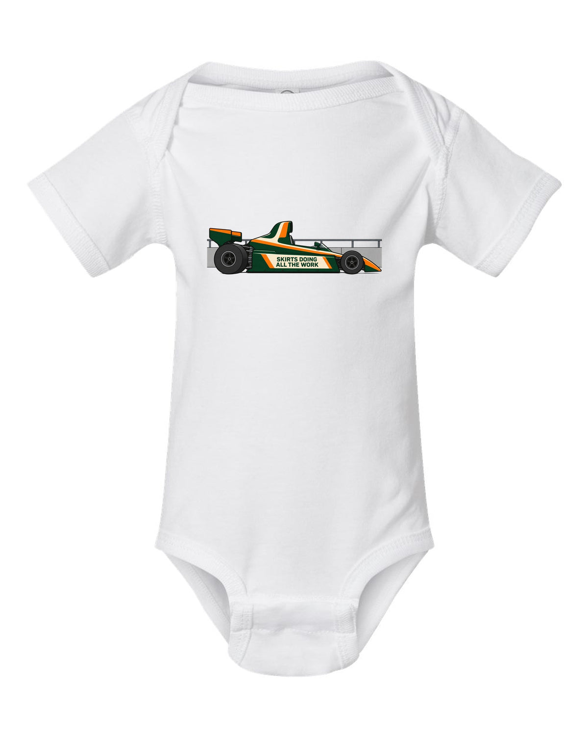Flat vector Lotus 79 Formula 1 car with the lettering skirts doing all the work white baby onesie front view with the design