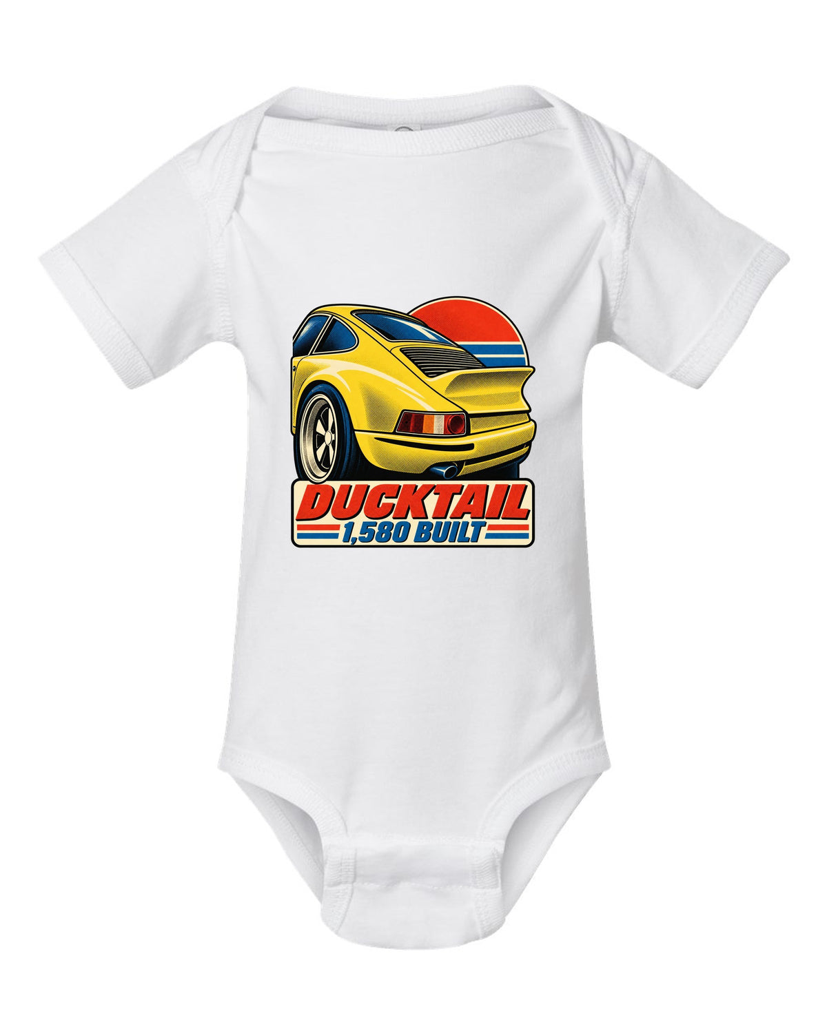 Vintage lithograph poster of the Porsche 911 Carrera RS 2.7 ducktail white baby onesie front view with the design