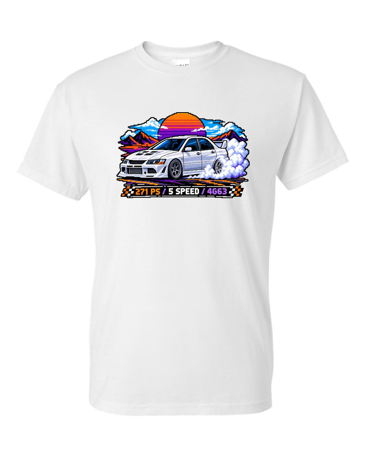 Pixel art burnout print of the Mitsubishi Evo VIII CT9A with 271 PS 5 speed 4G63 text white t-shirt front view with the design