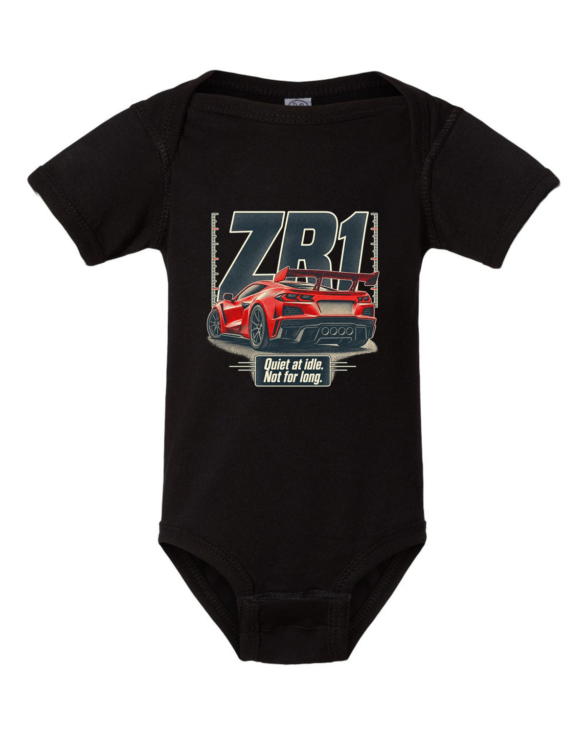 Halftone print of a Chevrolet Corvette C8 ZR1 with a quiet at idle statement black baby onesie front view with the design