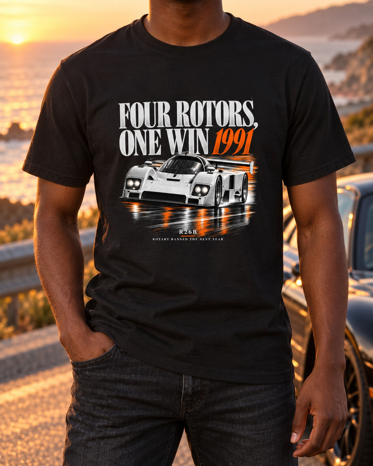 Mazda 787B Le Mans Winner Shirt, Four Rotors Editorial Tee T-Shirt Black worn hero