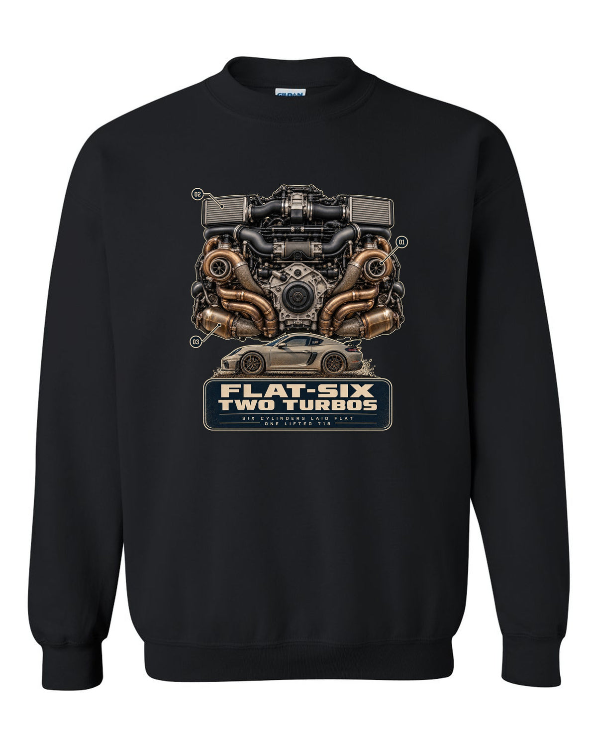Engine hero print of a Porsche 911 Dakar 992 flat-six with two turbos black crewneck front view with the design