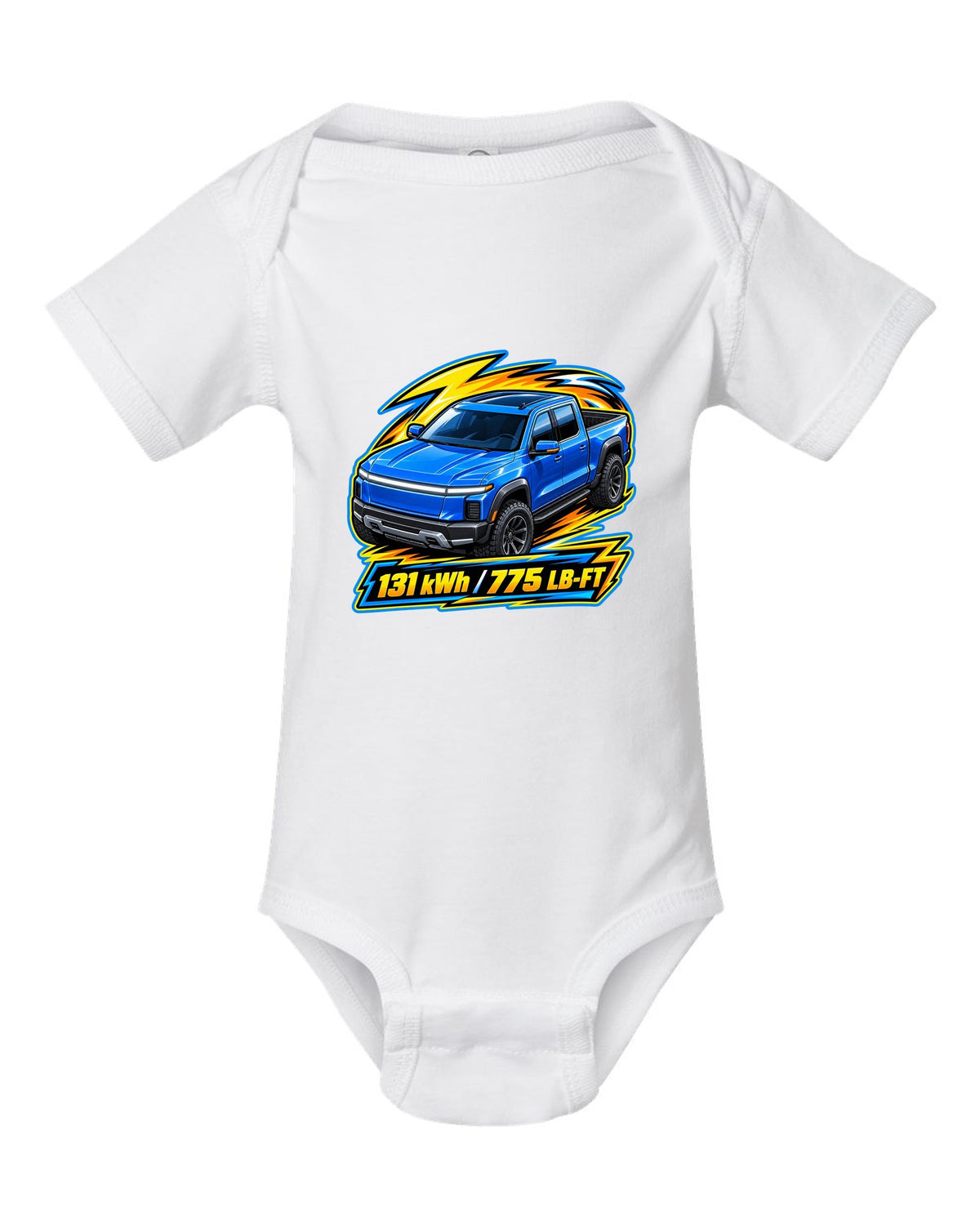 Ford F-150 Lightning EV on a die-cast toy card style print white baby onesie front view with the design