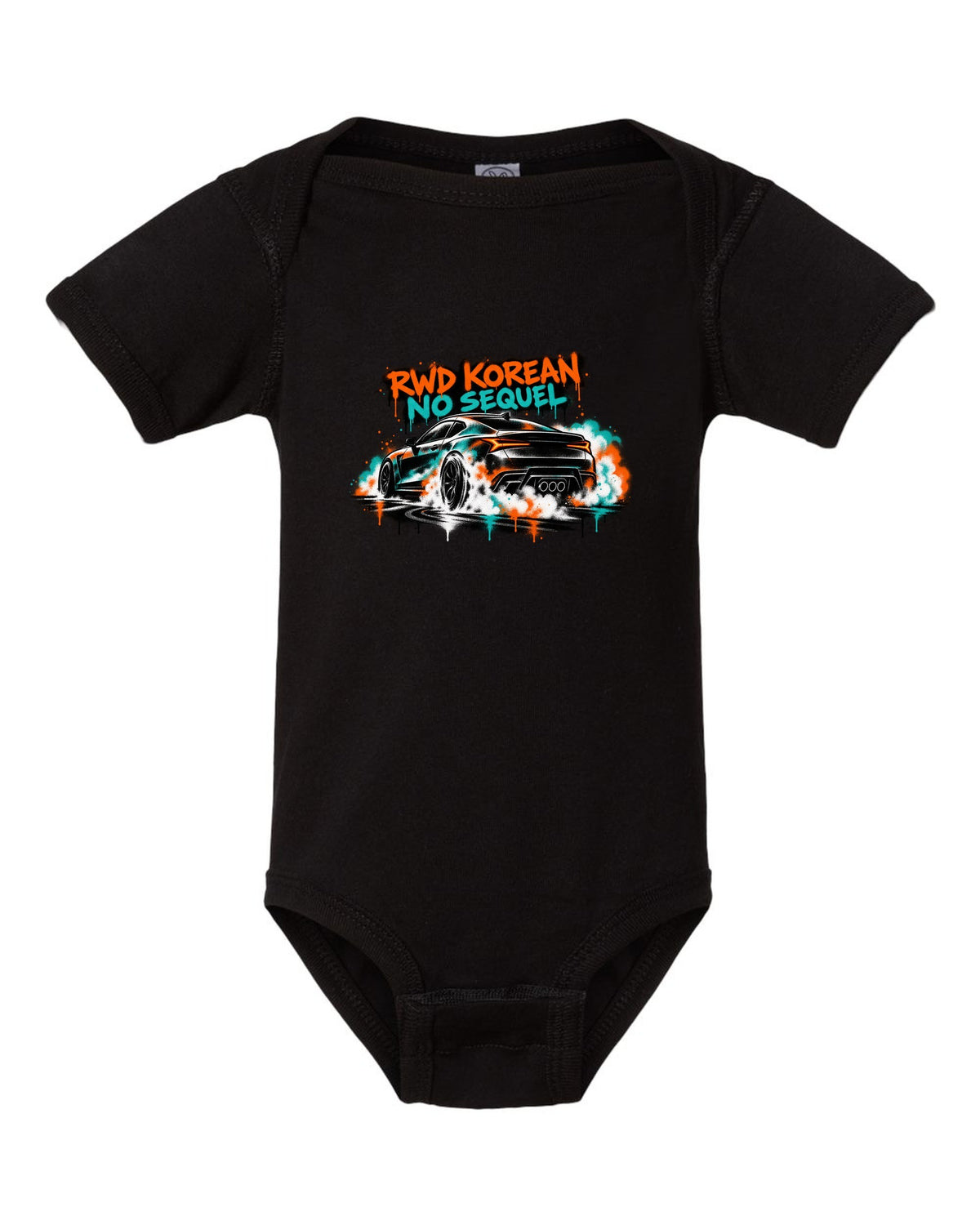 Hyundai Genesis Coupe BK2 stencil spray burnout print with RWD Korean no sequel text black baby onesie front view with the design