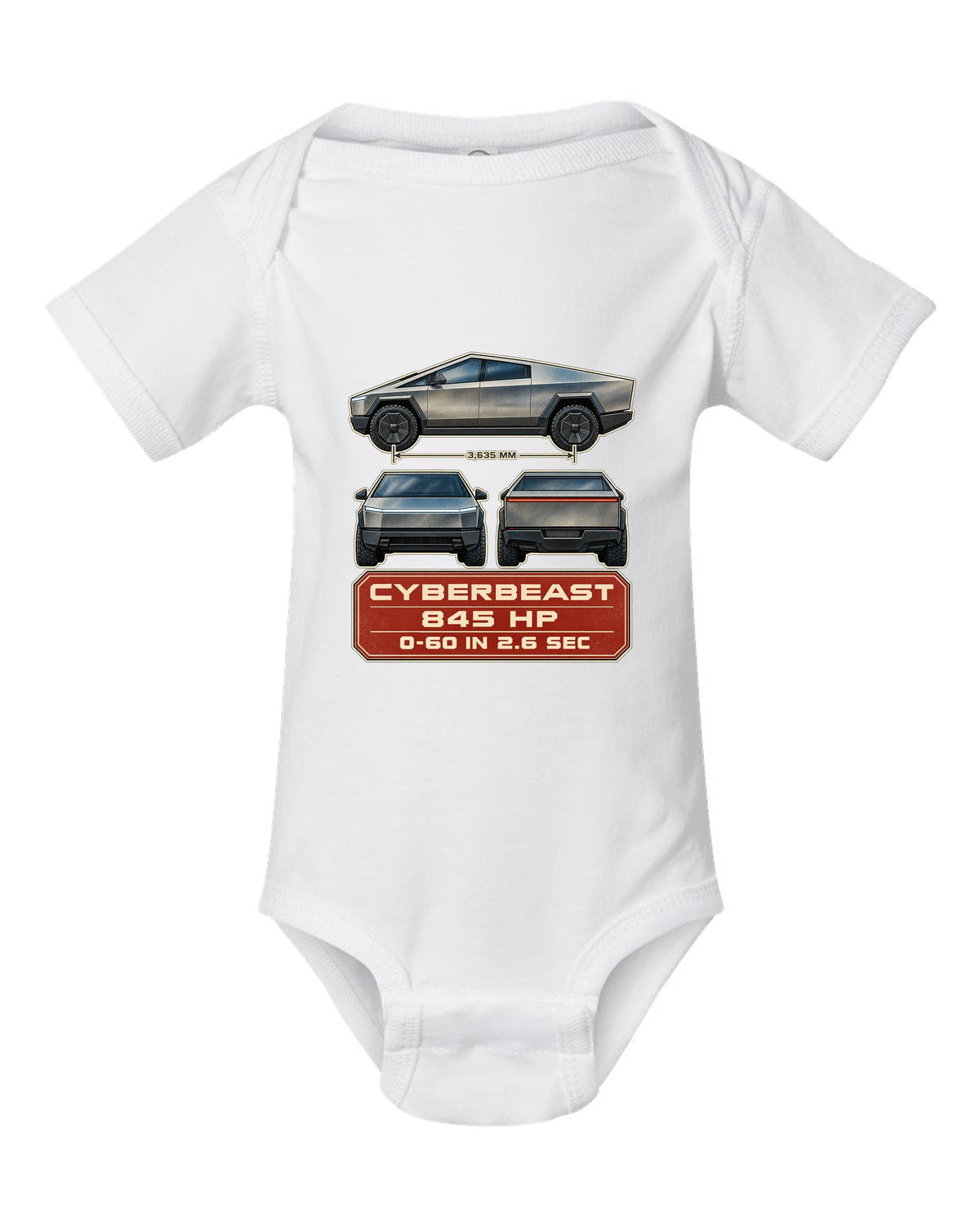 Three-view and spec table print of a Tesla Cybertruck Cyberbeast white baby onesie front view with the design