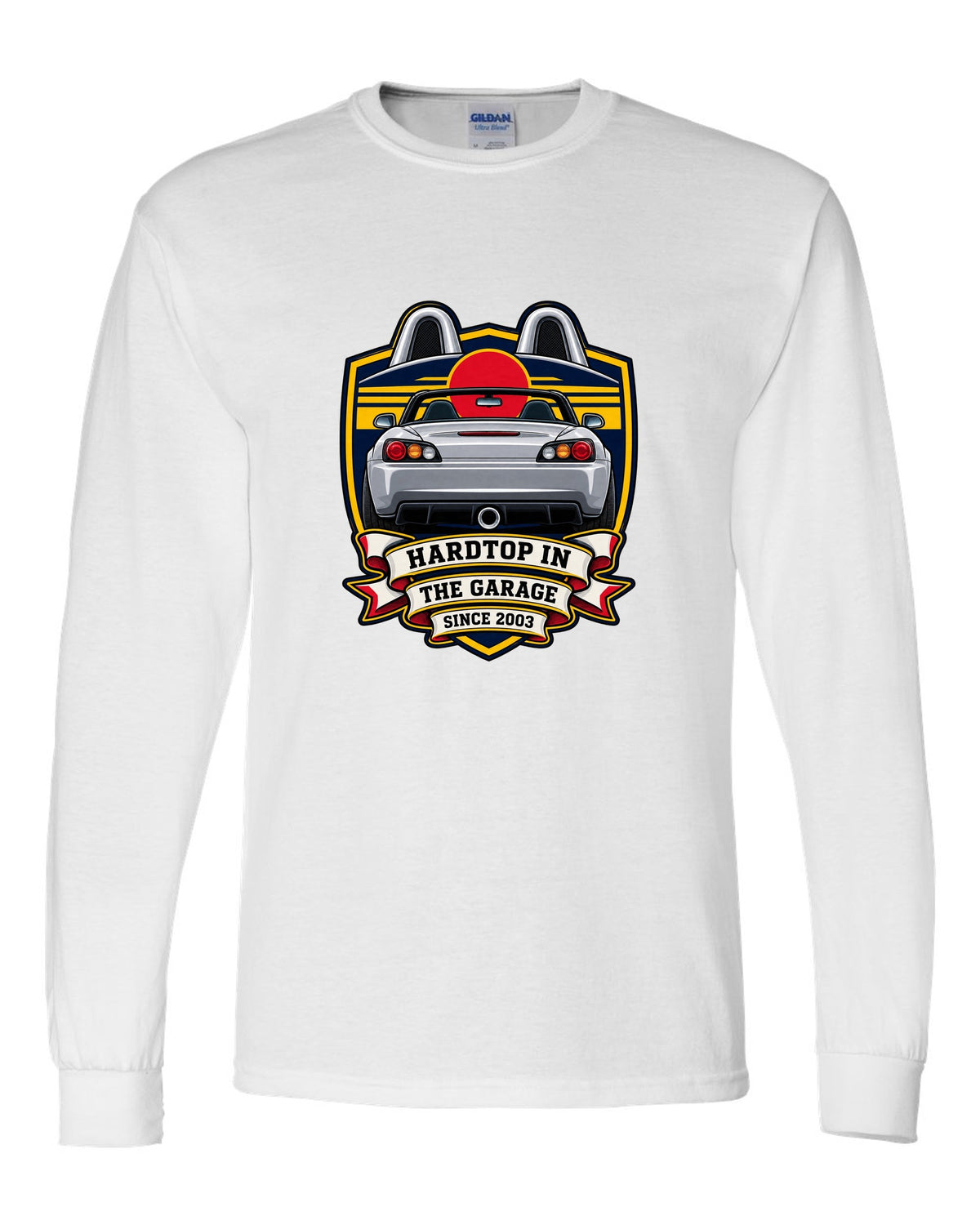 Embroidery patch style print of a 1999 Honda S2000 AP1 roadster with hardtop in the garage text white long sleeve front view with the design