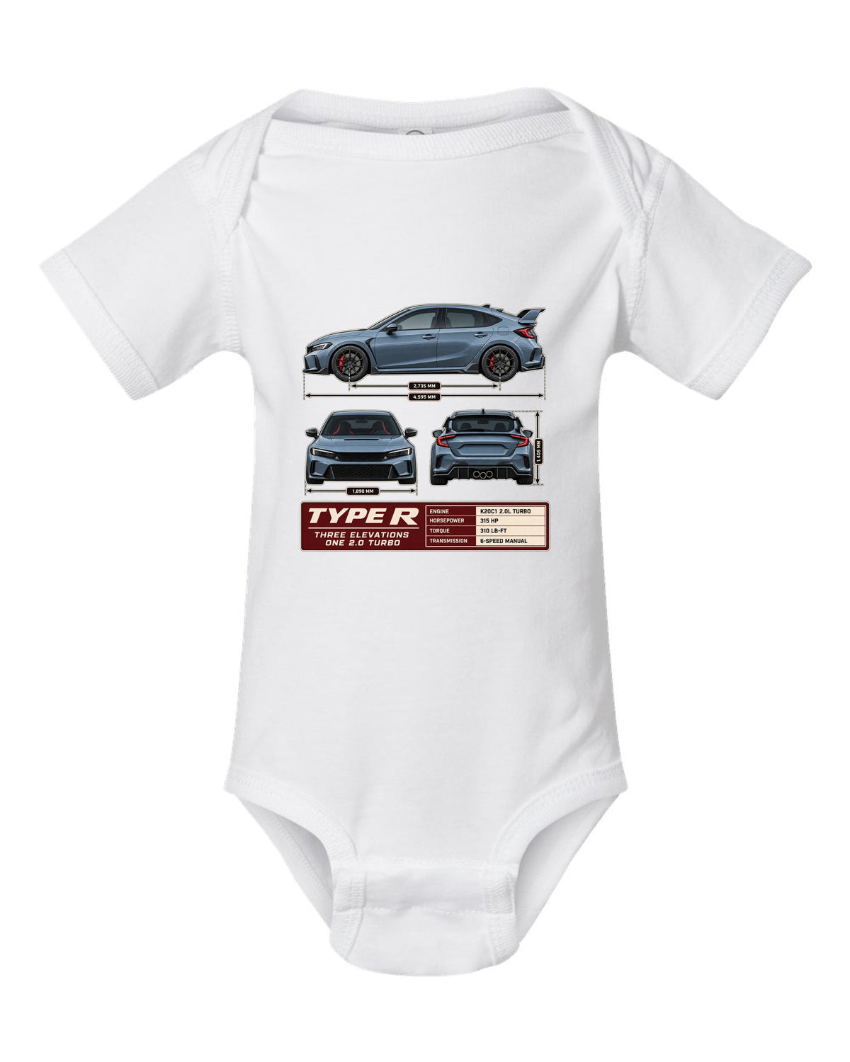 Civic Type R FL5 Three-View Spec Sheet Tee for Car Guys white baby onesie front view with the design