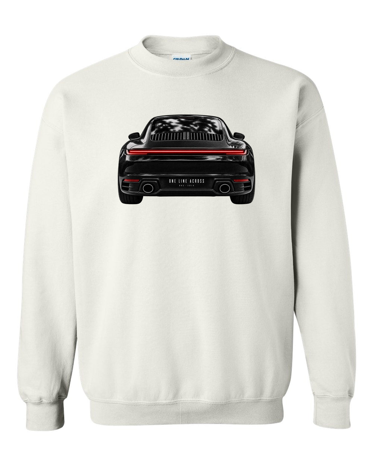 Taillight macro print of a 2019 Porsche 911 Carrera 992 rear light white crewneck front view with the design