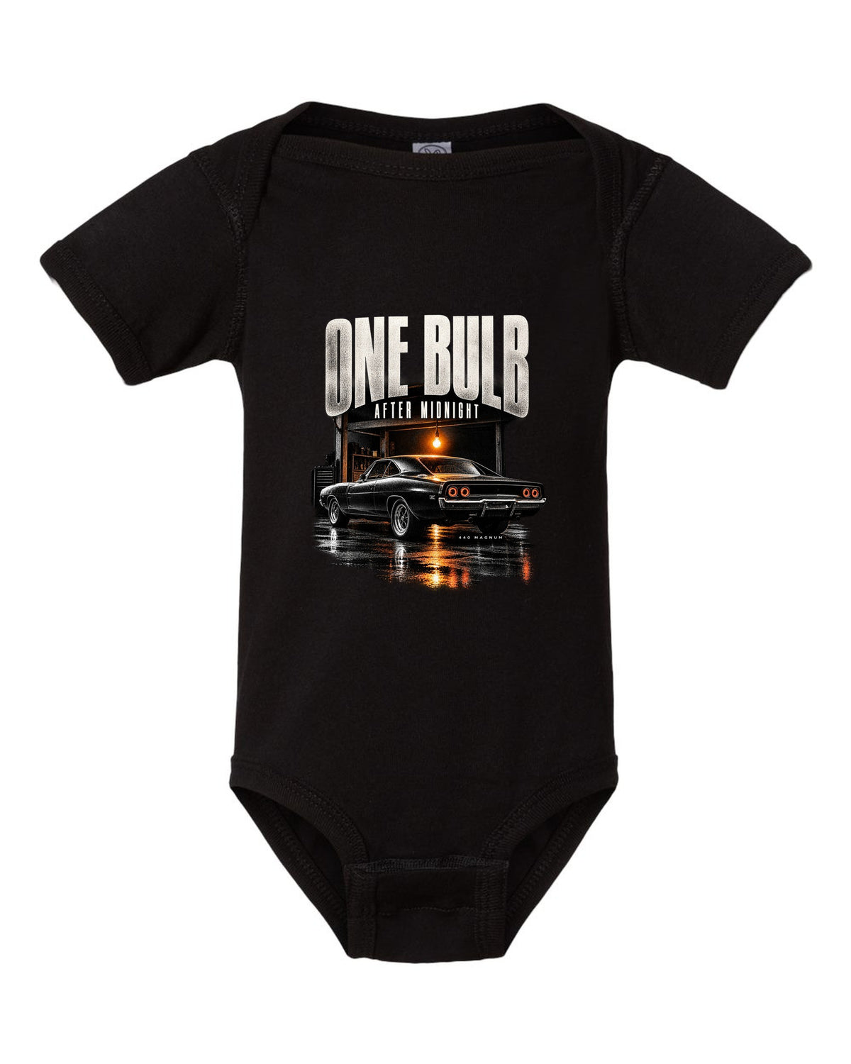 1969 Dodge Charger R/T B-body garage night print with one bulb after midnight lettering black baby onesie front view with the design