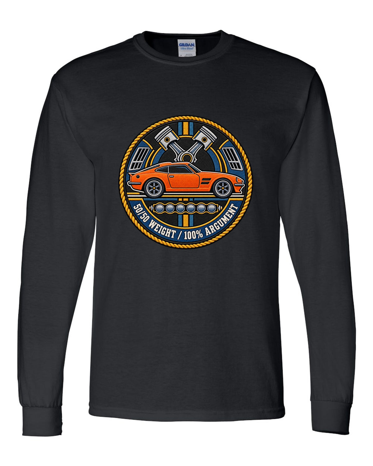 Varsity crest design for the Toyota GR Supra A90 with double-bubble roof black long sleeve front view with the design